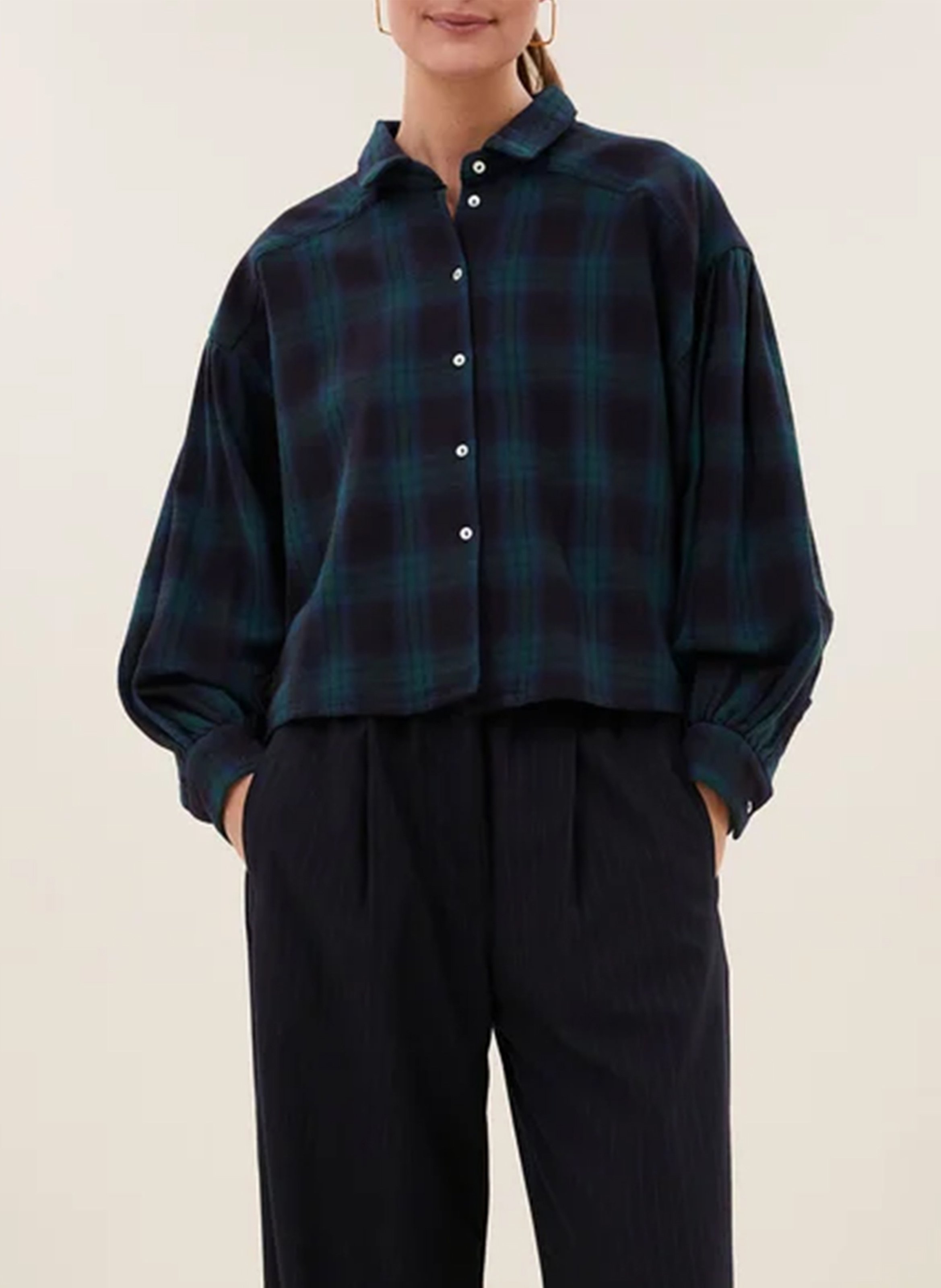 Rechte blouse met klassieke kraag in geruit biologisch katoen BY BAR Groen