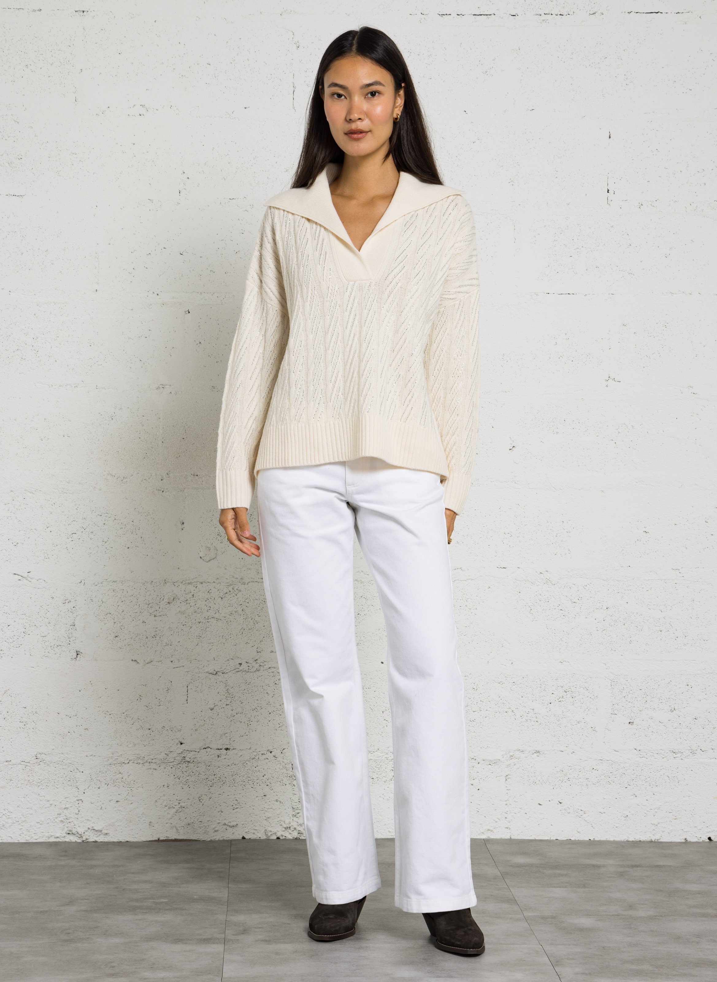 Pull orné de strass en laine BERENICE Blanc