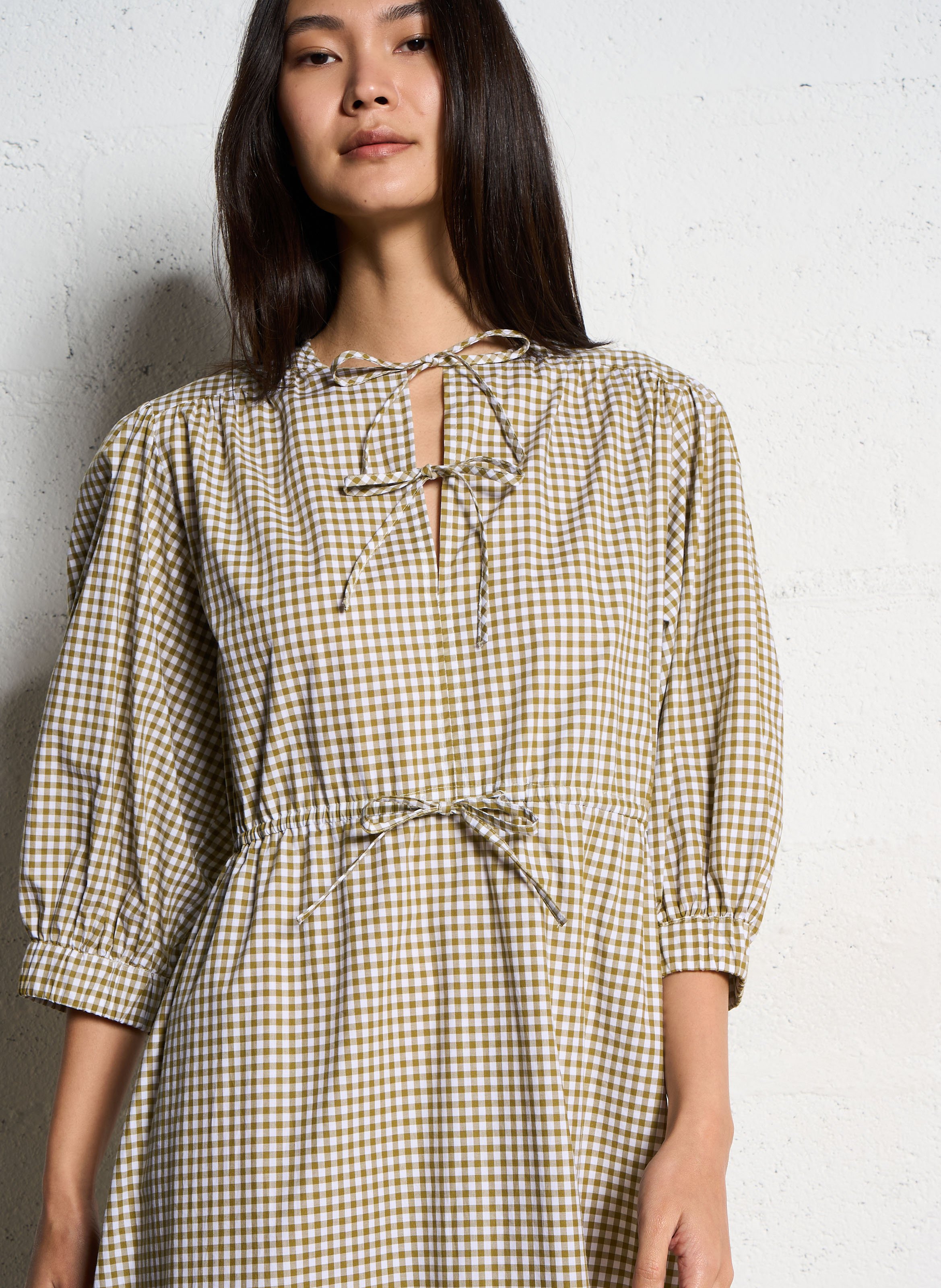 Lange jurk met ruitjes in katoenen popeline SUZIE WINKLE Kaki