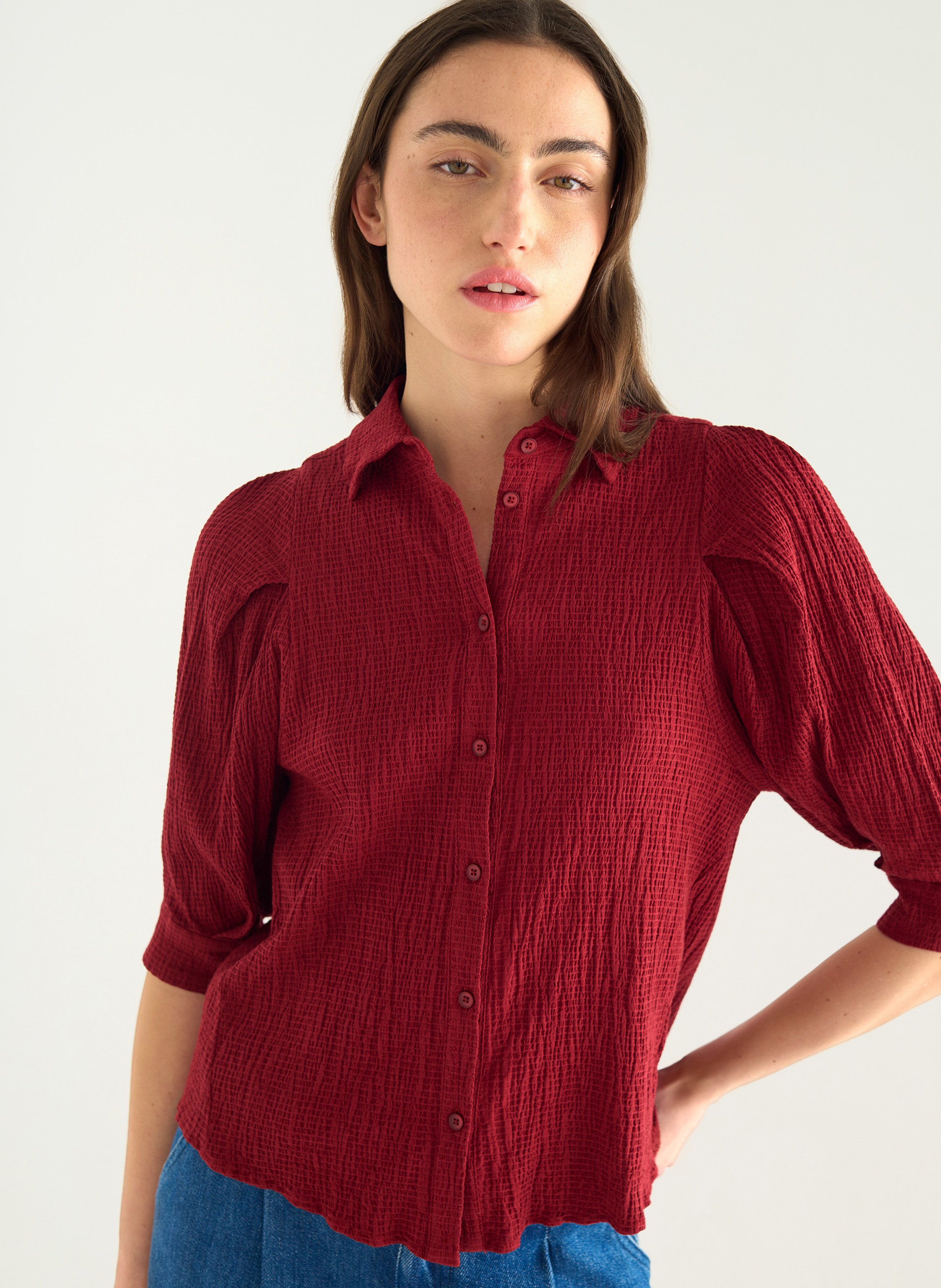 Cotton and linen shirt with classic collar ACOTE Red