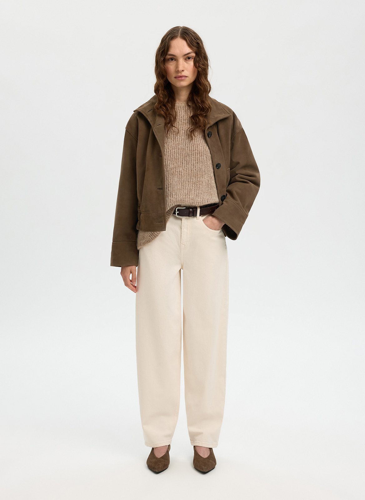 Veste en cuir velours col montant SELECTED Marron