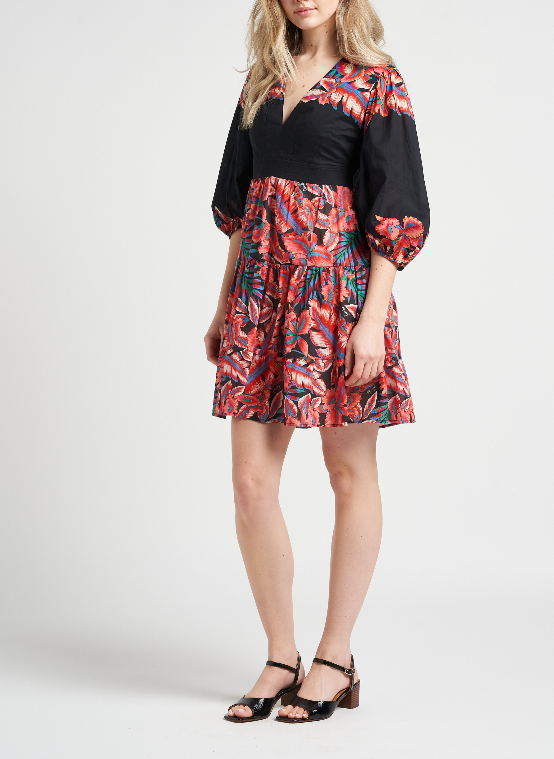 Korte, nauwsluitende jurk van katoen met V-hals en print PINKO Veelkleurig