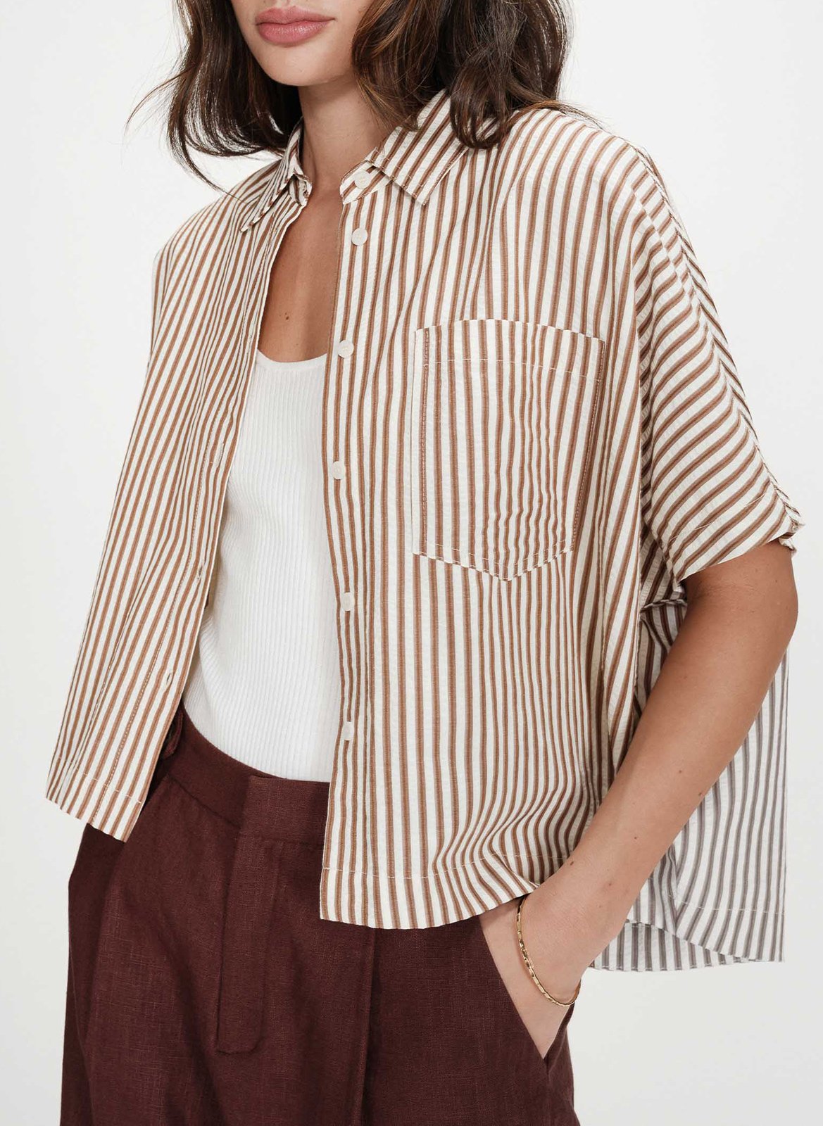 Chemise col classique en coton mélangé GRACE ET MILA Marron