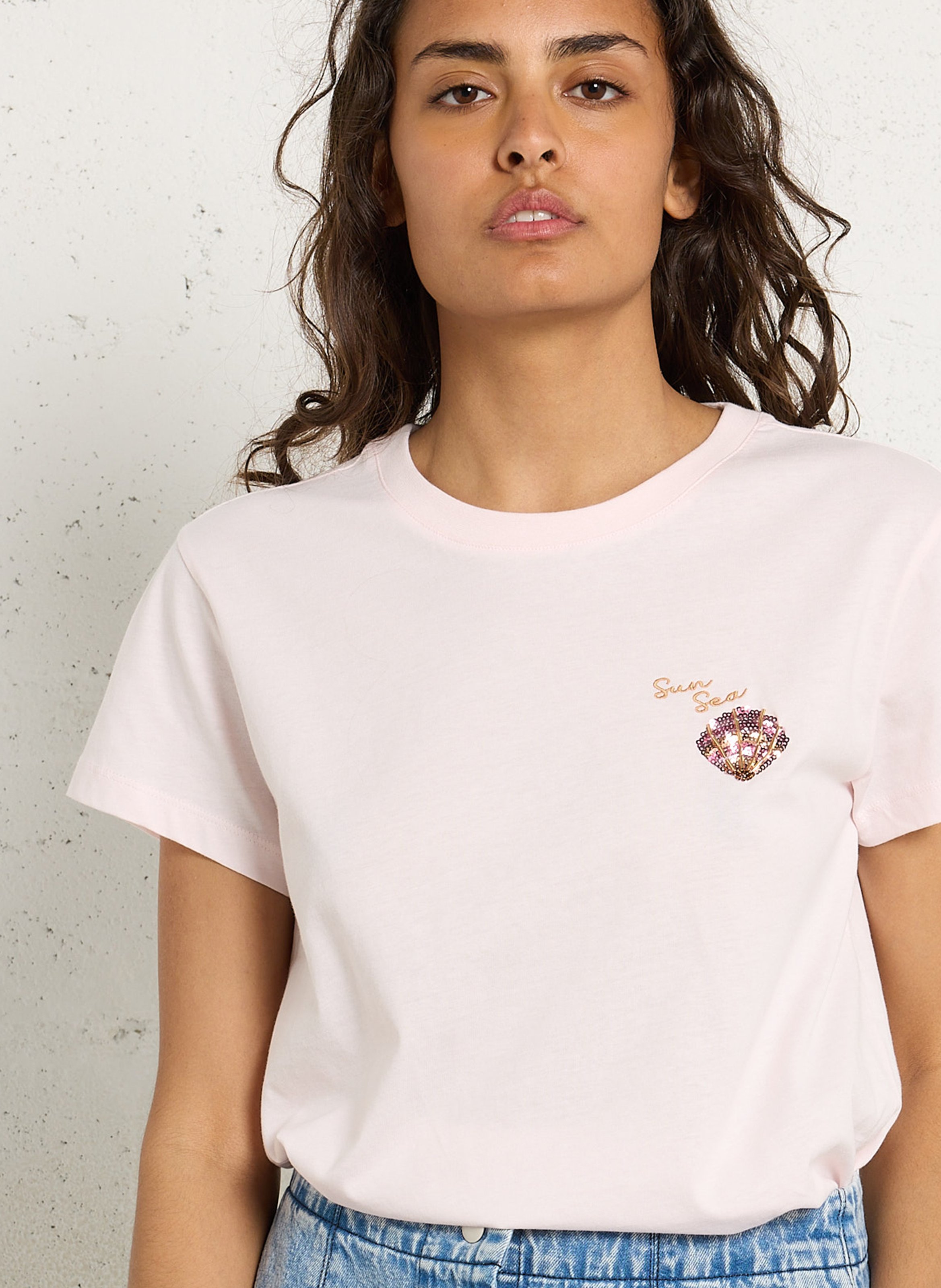 T-Shirt mit Stickerei auf der Brust DES PETITS HAUTS Rosa