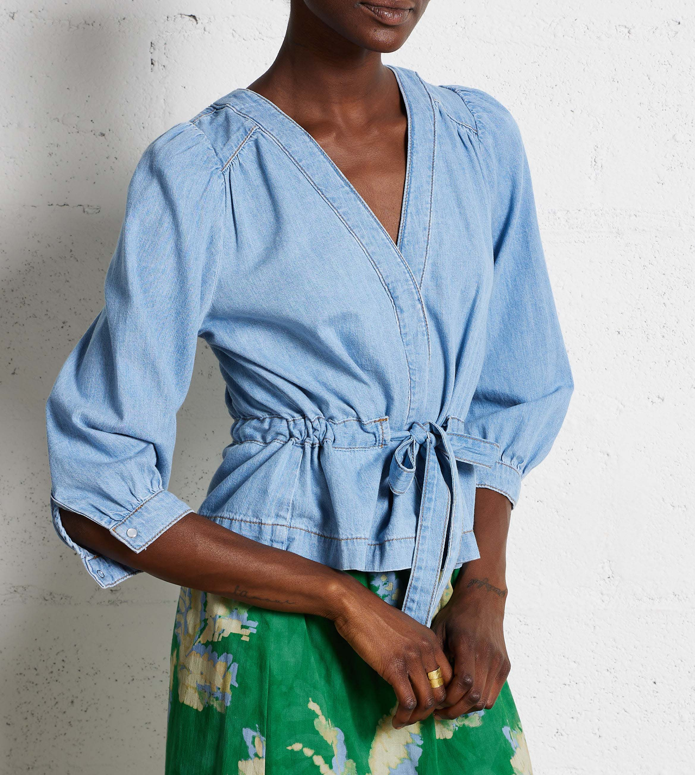 Top col V droit en coton BA&SH Bleu