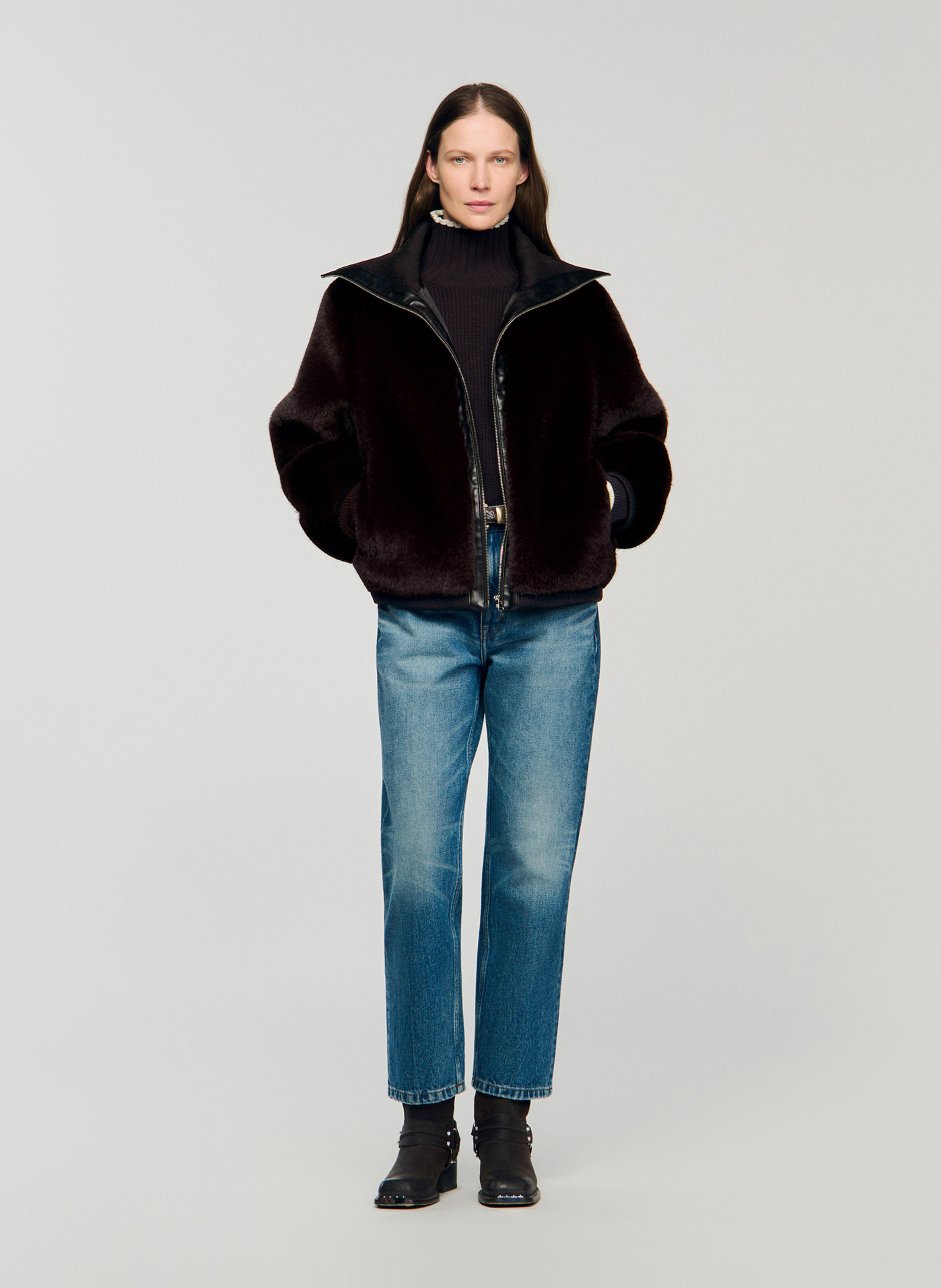 Oversized high collar jacket SANDRO Brown