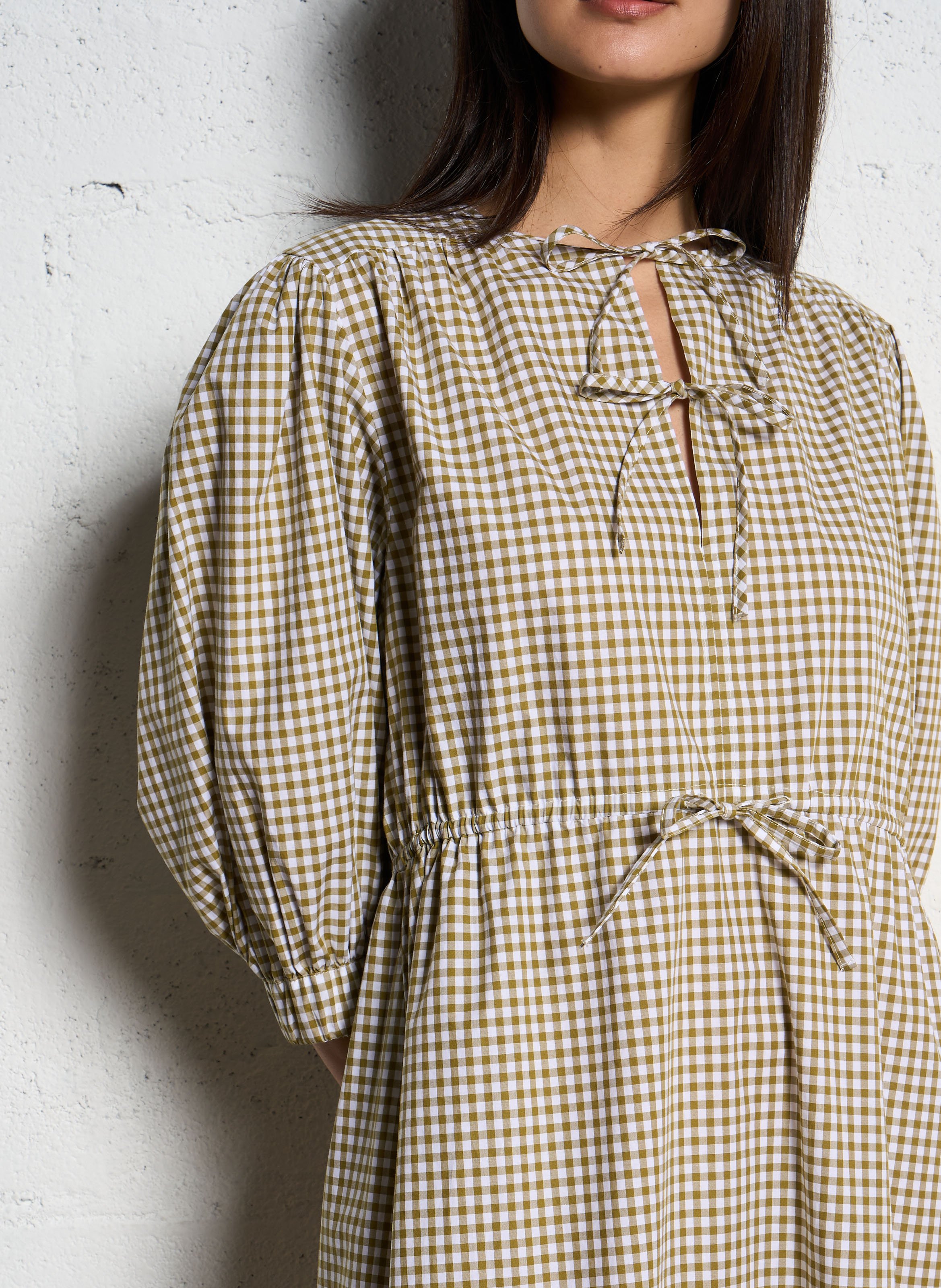 Lange jurk met ruitjes in katoenen popeline SUZIE WINKLE Kaki