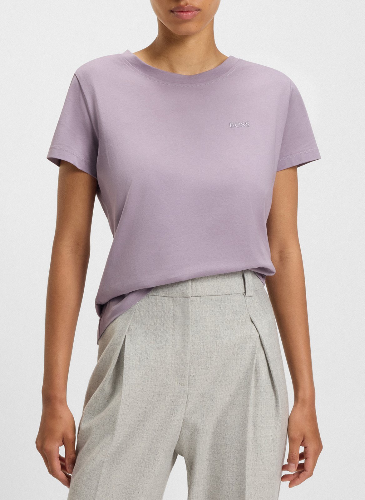 Tee-shirt droit col rond brodé en laine vierge BOSS Violet