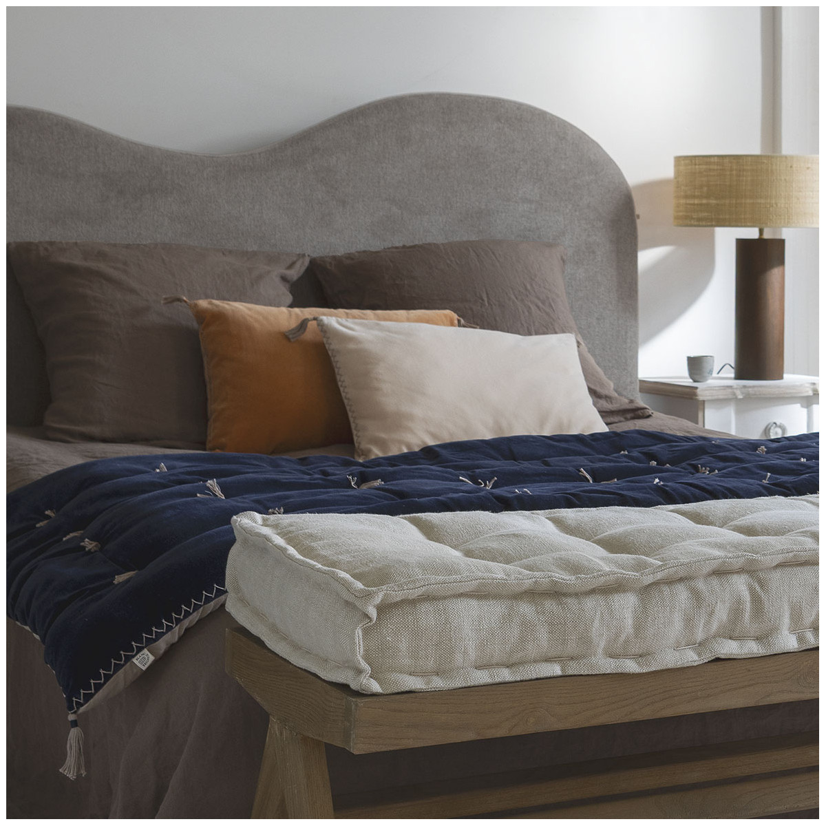 Futon mattéo en velours de coton et lin - 180 x 80 cm - bleu de minuit BLANC D'IVOIRE Bleu