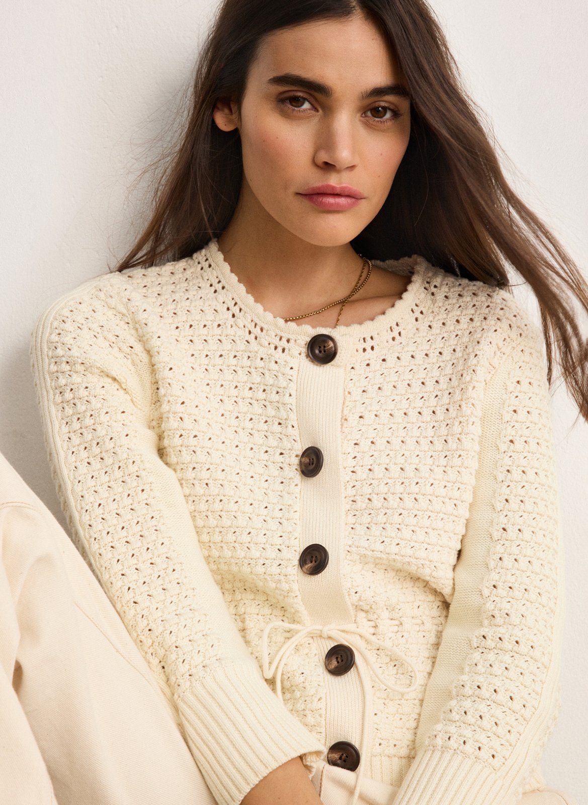 Baumwoll-Strickjacke mit Rundhalsausschnitt PABLO Beige