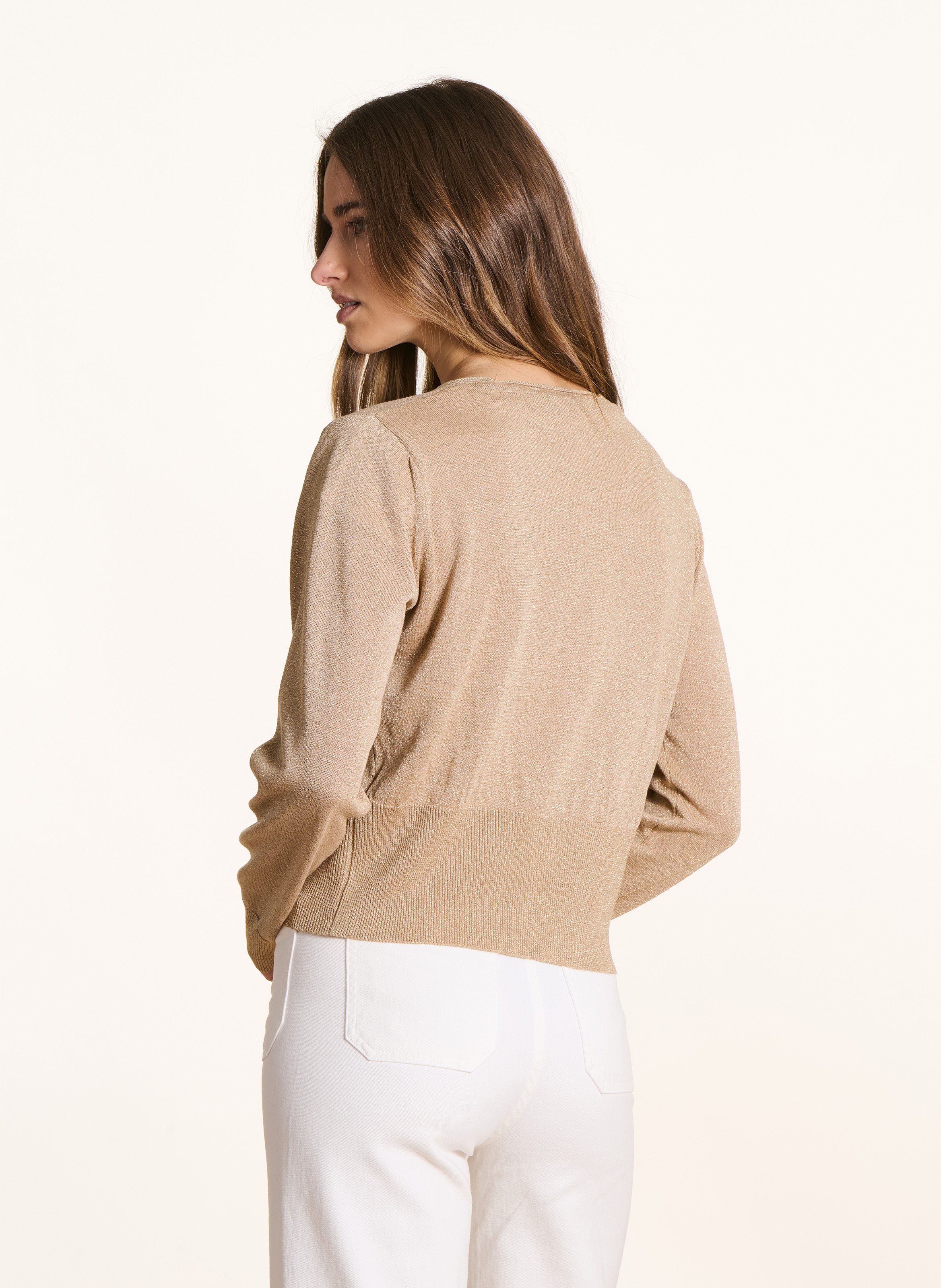 Gerader V-Ausschnitt-Strickweste aus metallischem Garn LA FEE MARABOUTEE Gelb