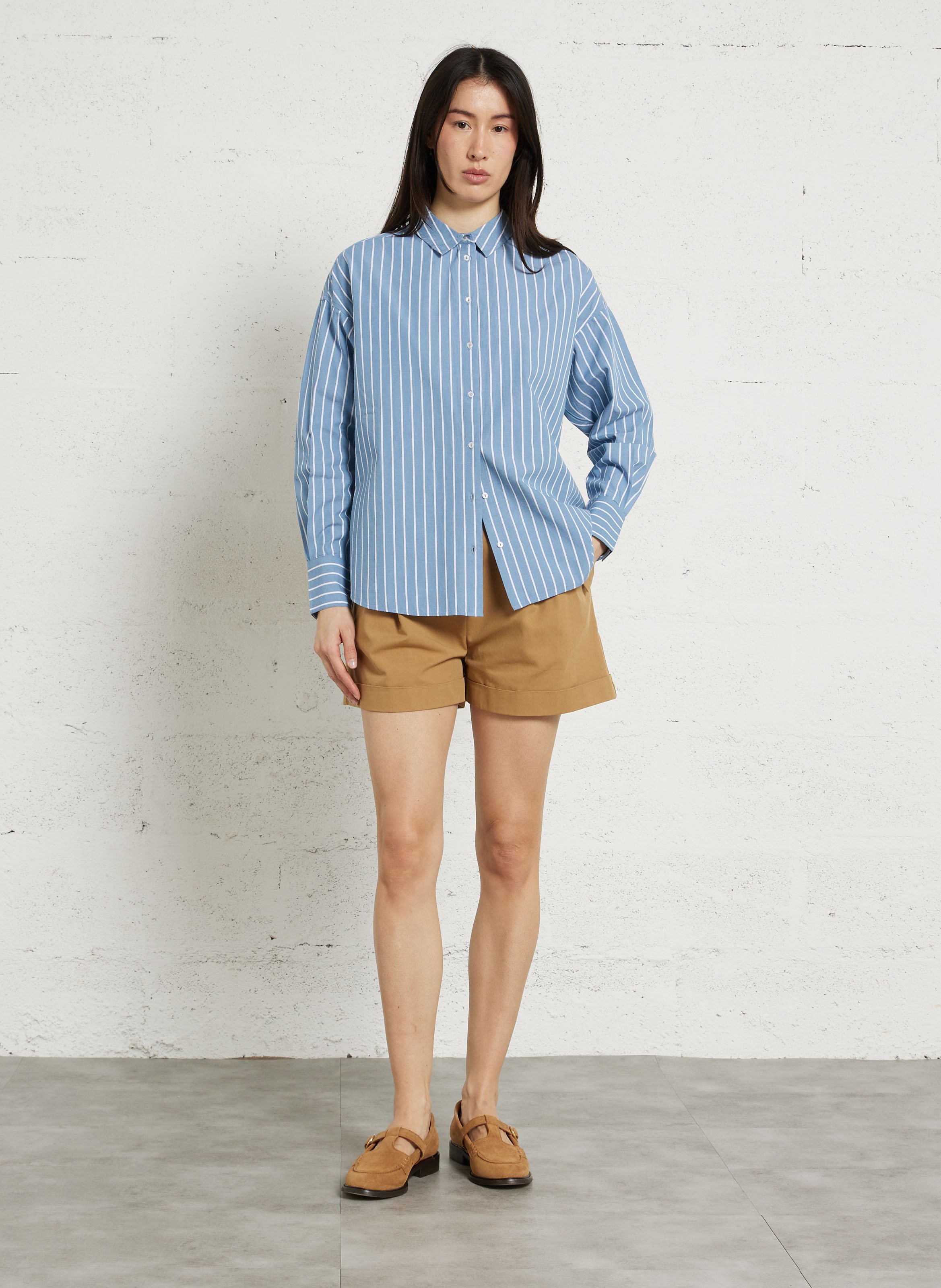 Gestreifte Oversize-Baumwollbluse mit klassischem Kragen SUD EXPRESS Blau