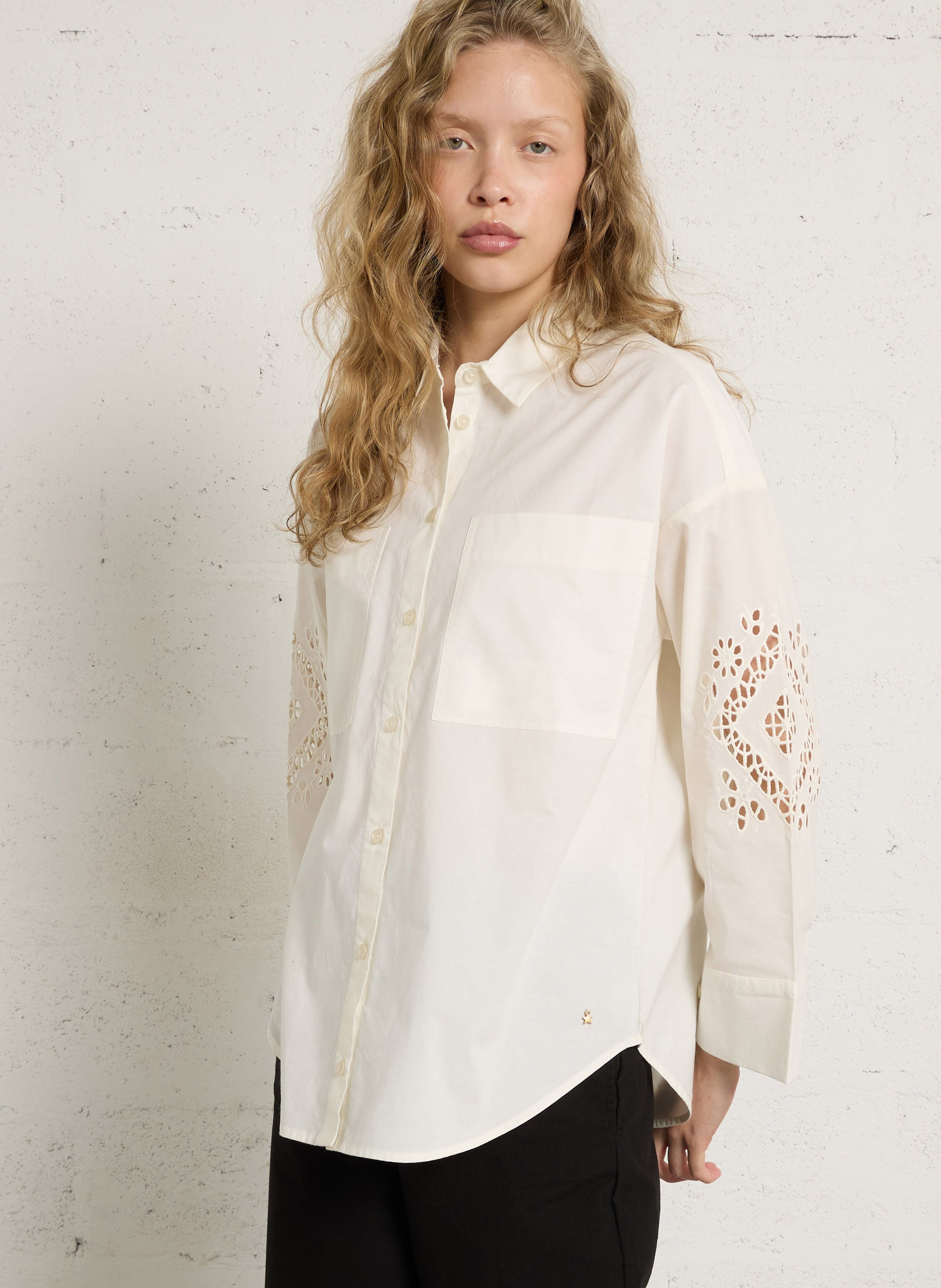 Oversized shirt with classic collar and English embroidery in cotton DES PETITS HAUTS Beige