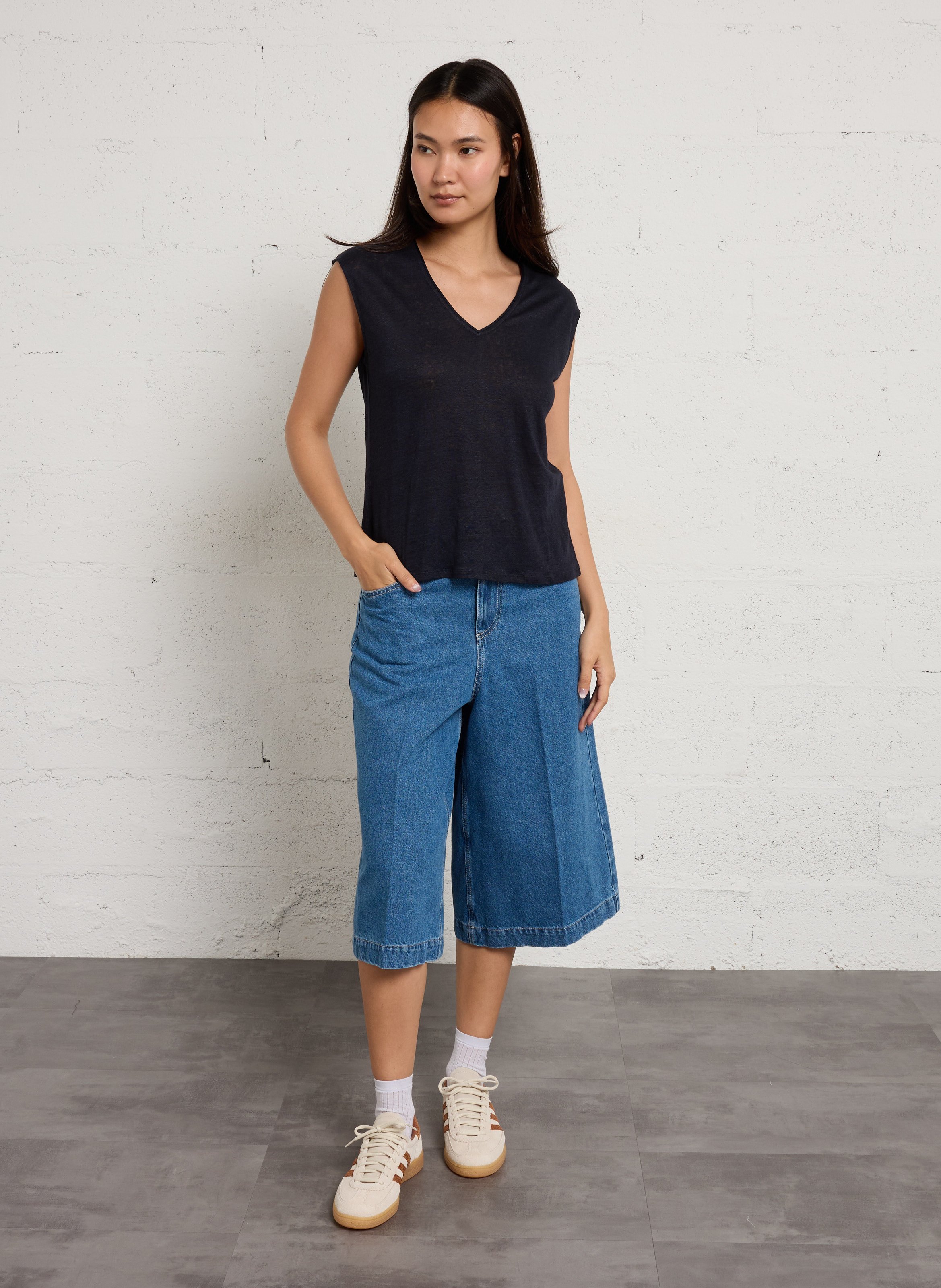 Linnen singlet met V-hals SUD EXPRESS Blauw