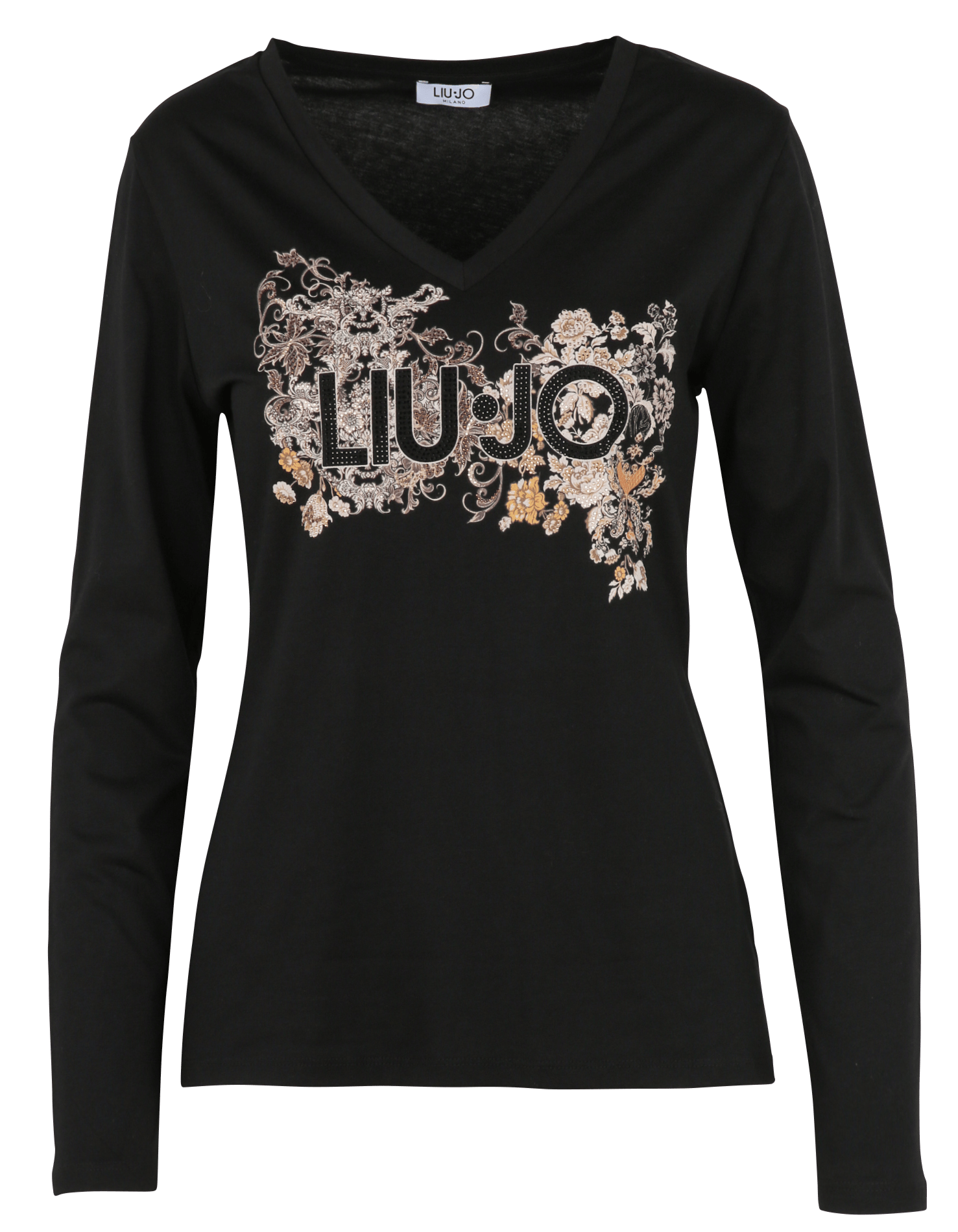 Gerader T-Shirt mit V-Ausschnitt, bedruckt mit Strass, aus Baumwolle. LIU JO Schwarz