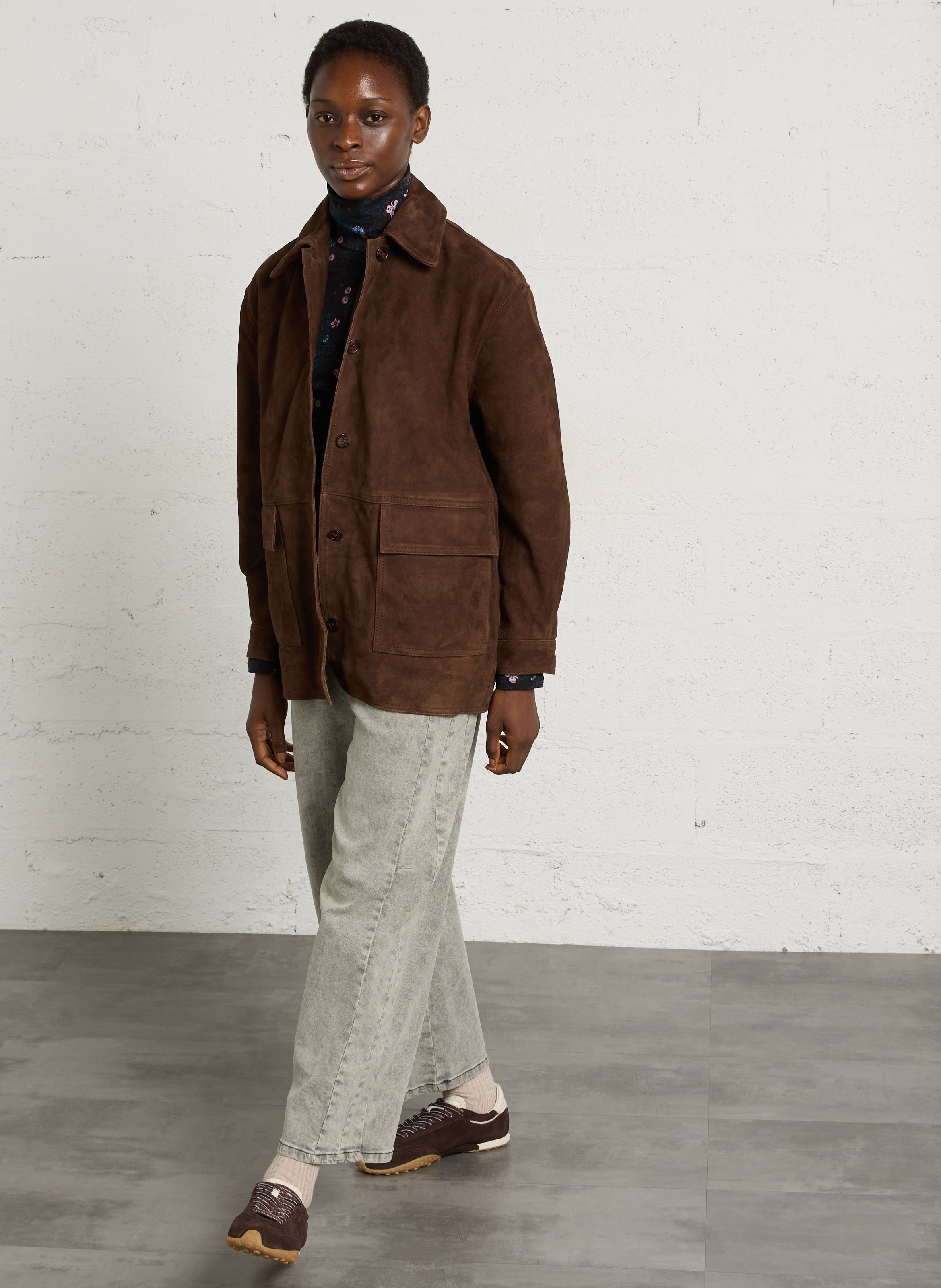 Leather jacket with classic collar DES PETITS HAUTS Brown