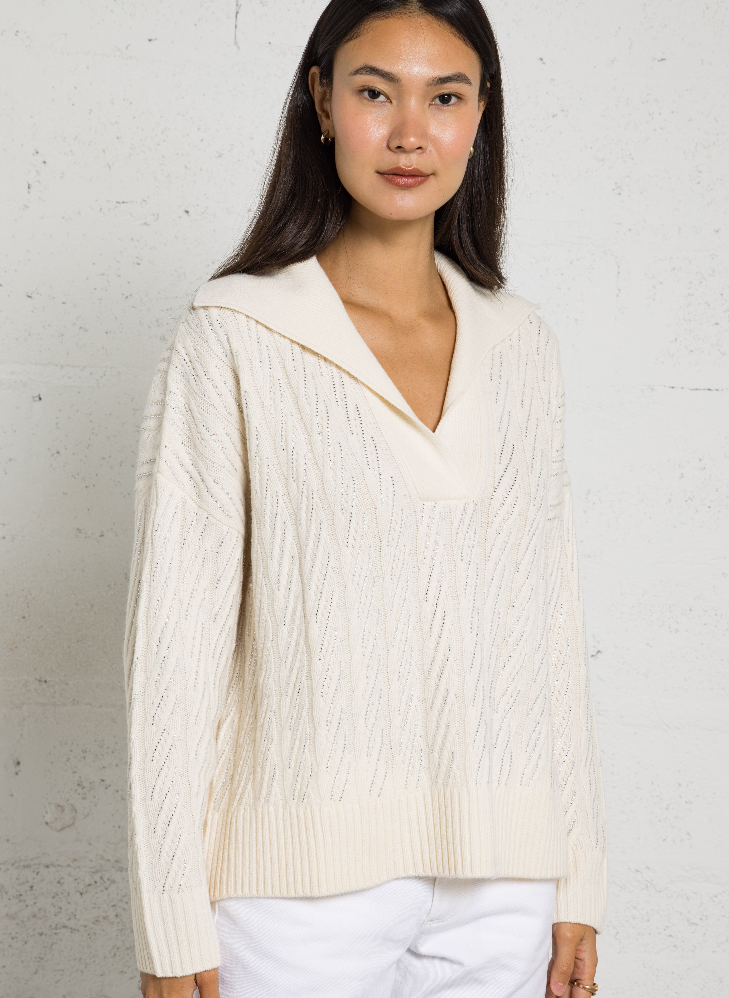 Pull orné de strass en laine BERENICE Blanc