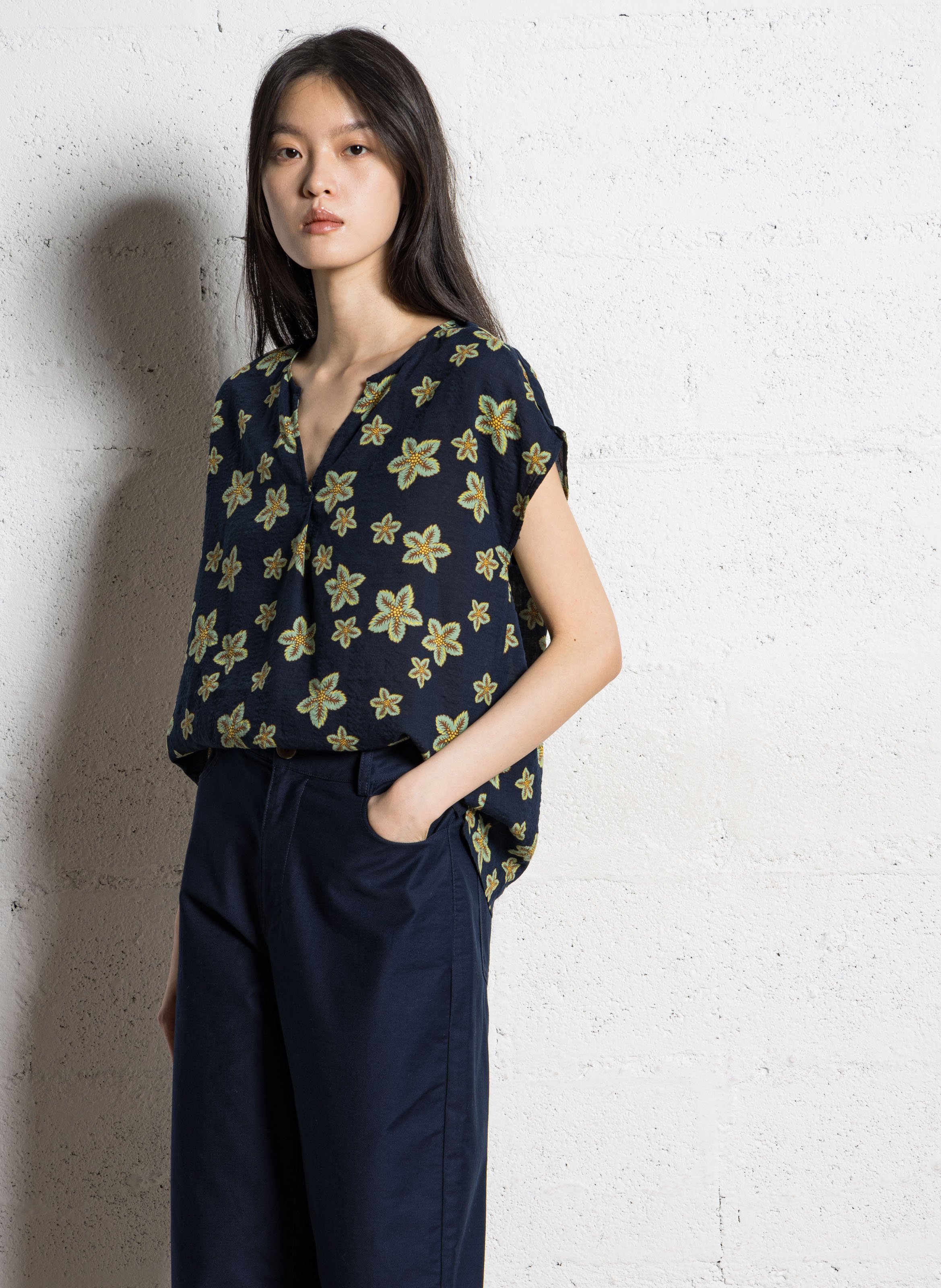 Top imprimé col tunisien en coton mélangé NICE THINGS Bleu