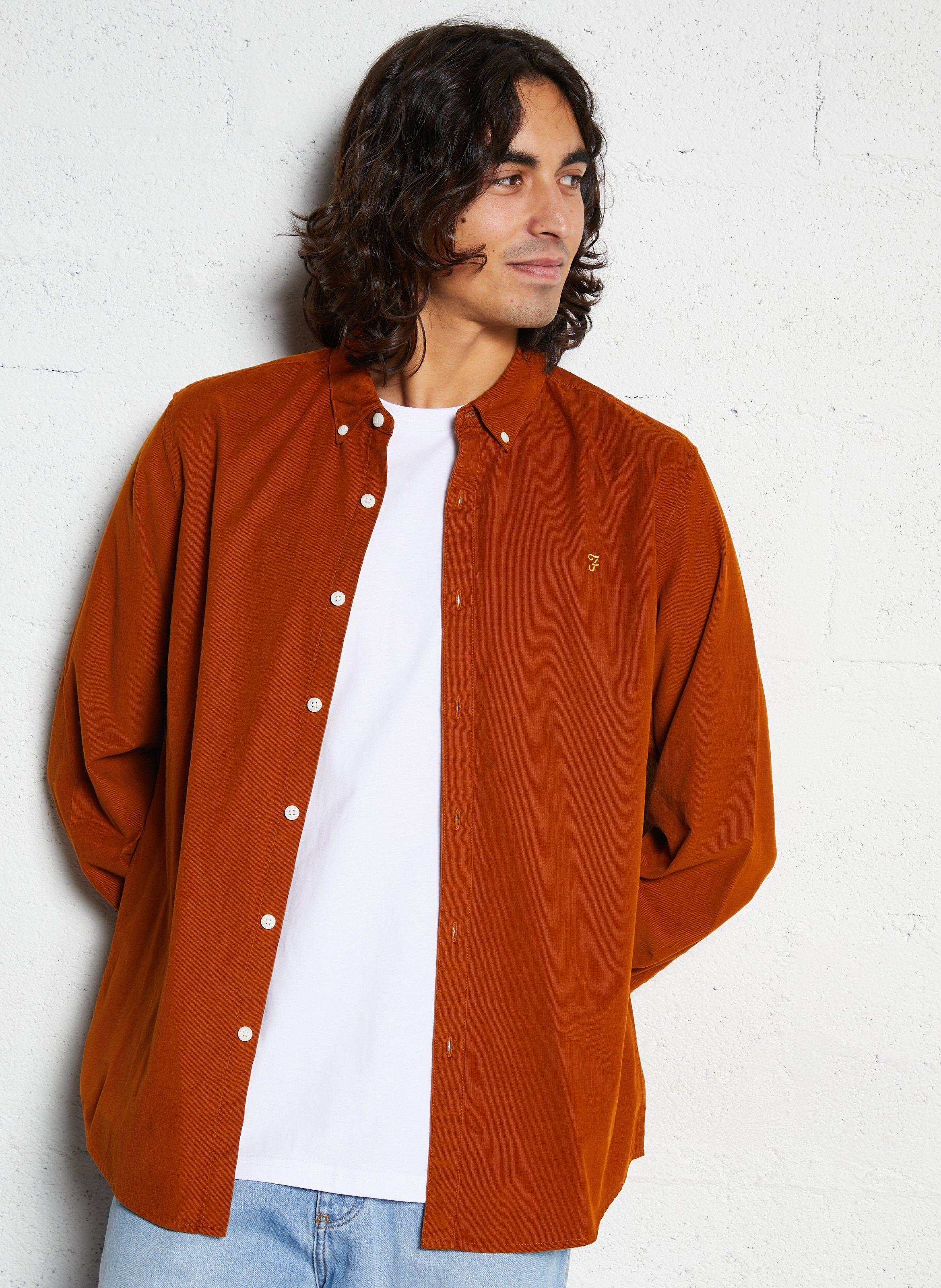 Regular-fit velvet shirt with button-down collar FARAH Brown