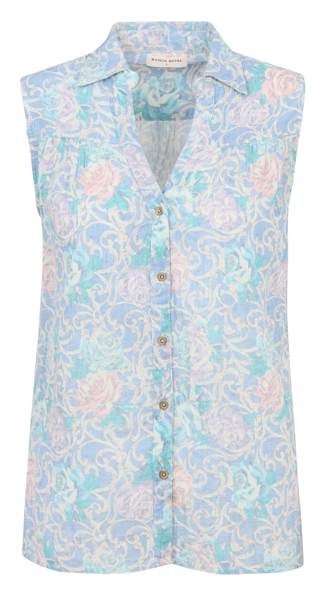 Chemise droit col V en coton imprimé MAISON HOTEL Bleu