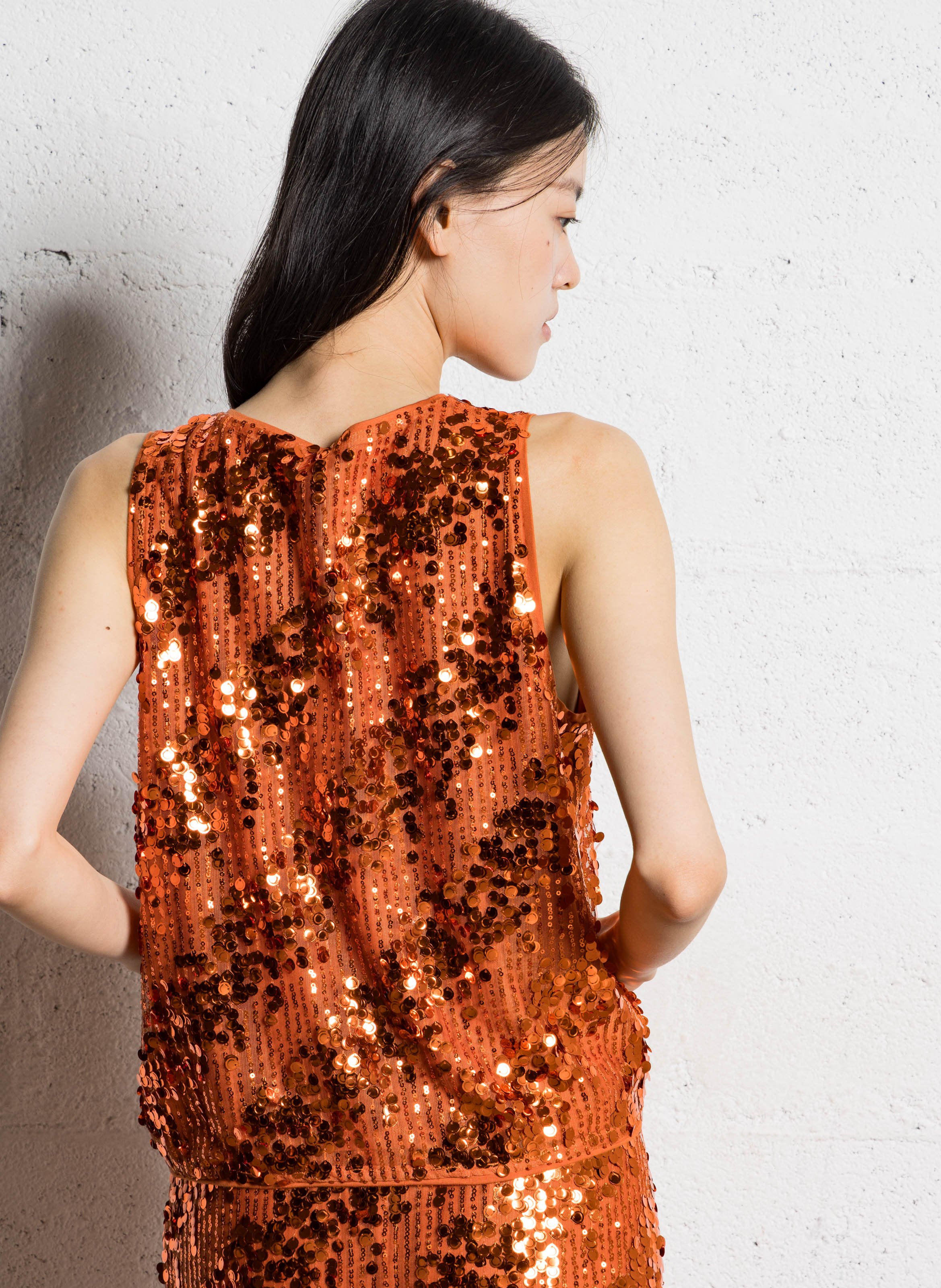 Rechte top met V-hals en lovertjes Oranje