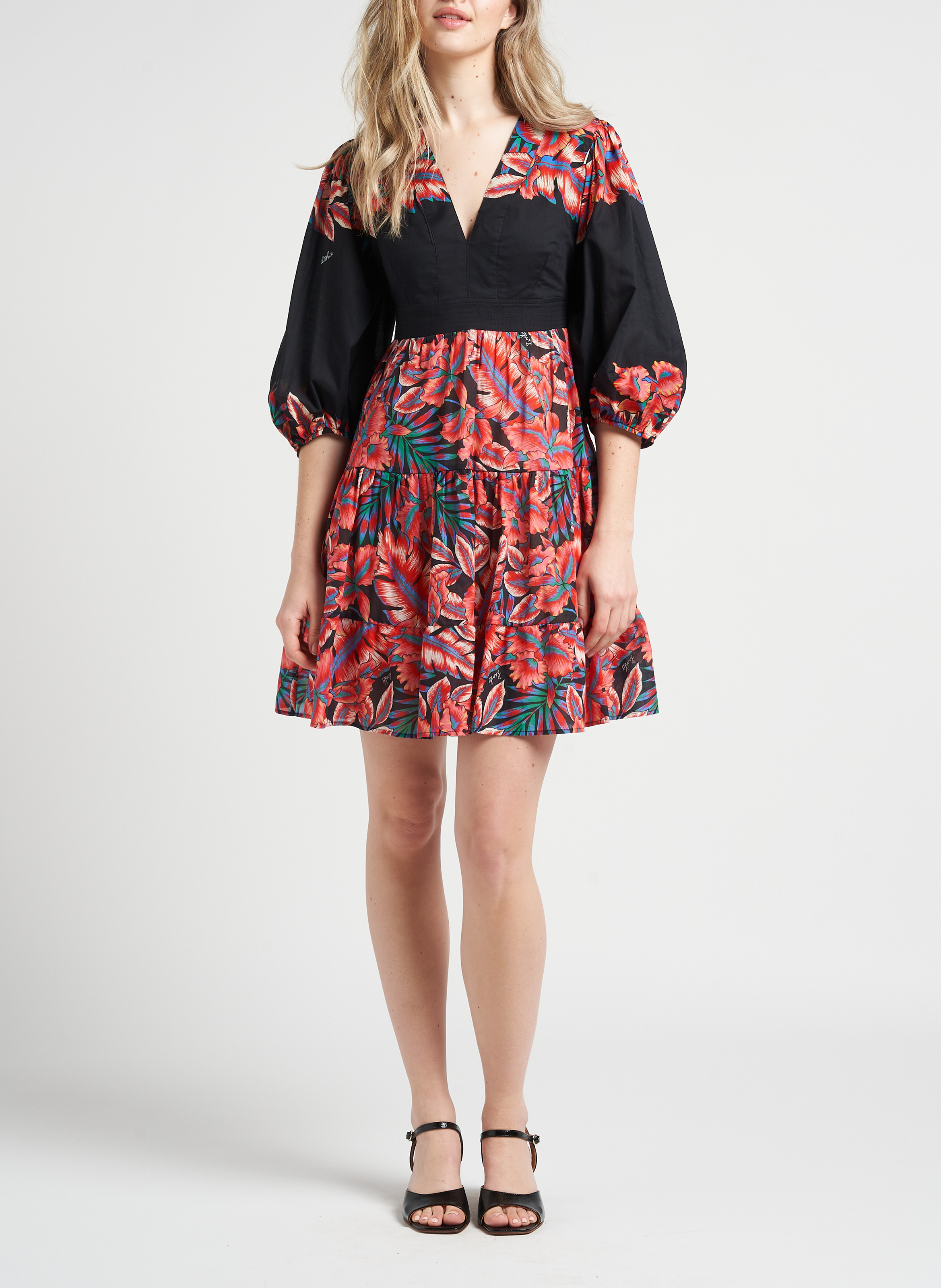 Korte, nauwsluitende jurk van katoen met V-hals en print PINKO Veelkleurig