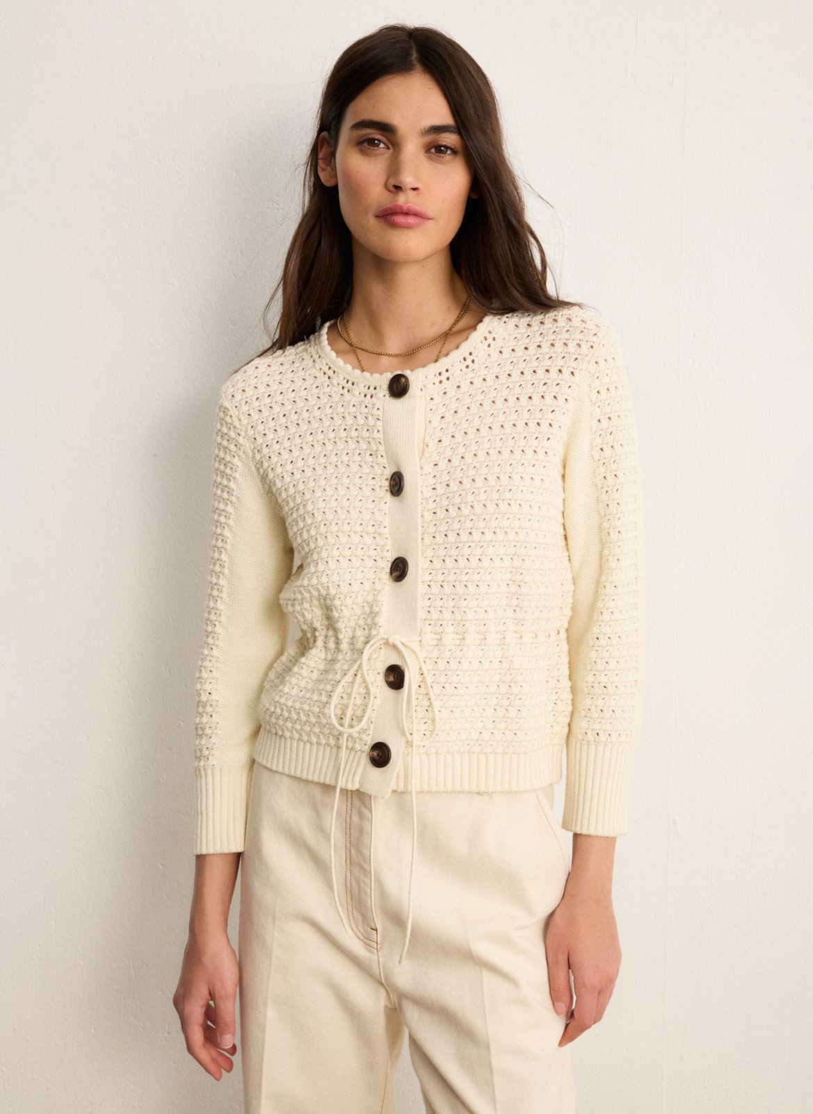 Baumwoll-Strickjacke mit Rundhalsausschnitt PABLO Beige