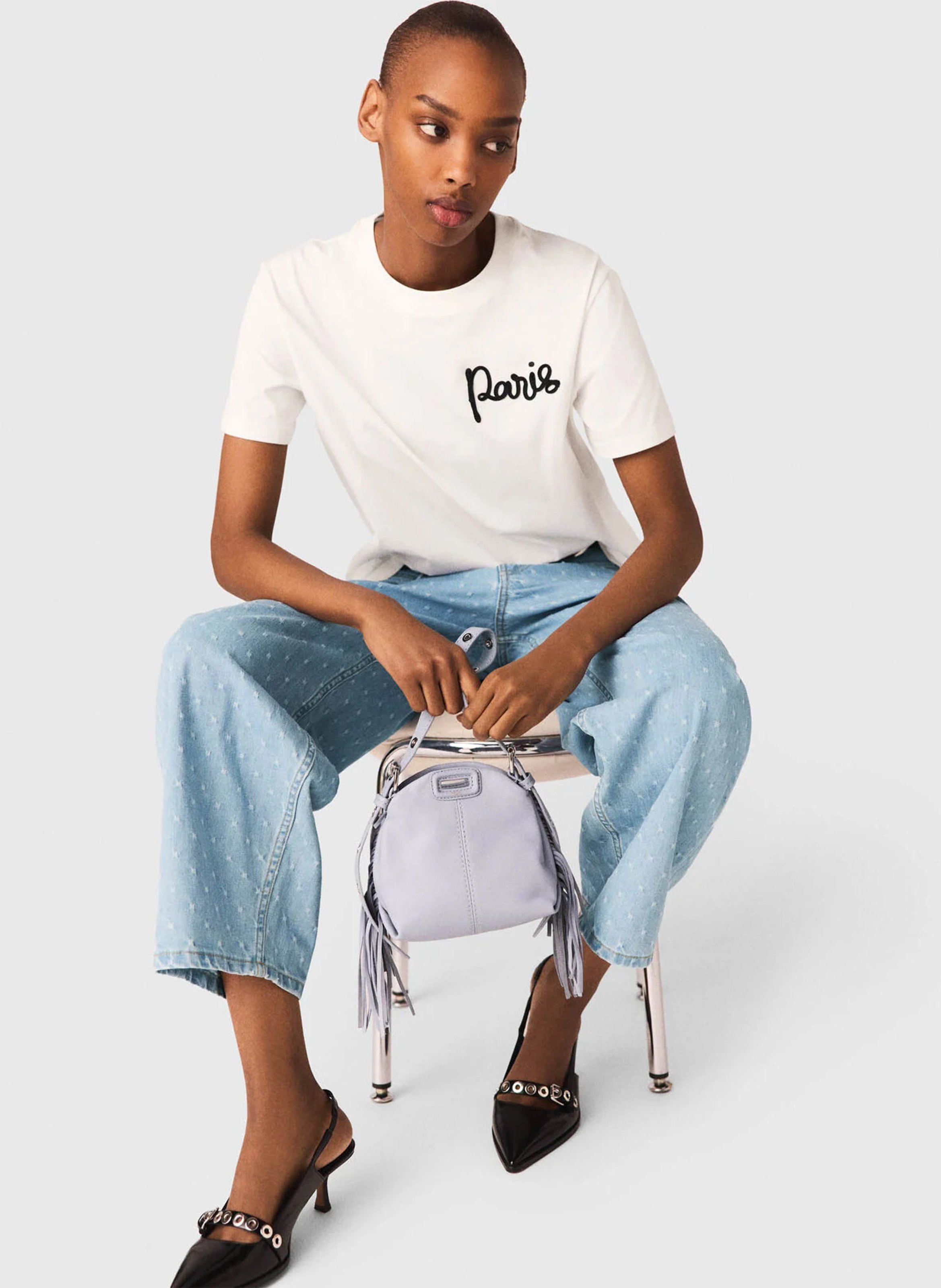 Tee-shirt droit à broderie en coton MAJE Blanc