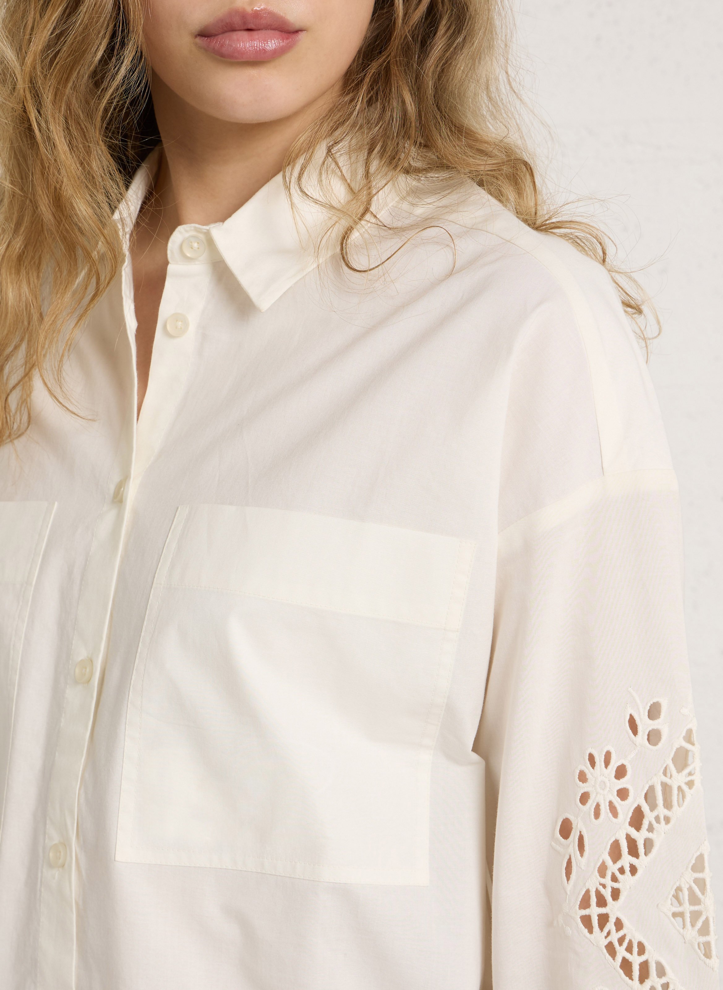 Oversized shirt with classic collar and English embroidery in cotton DES PETITS HAUTS Beige