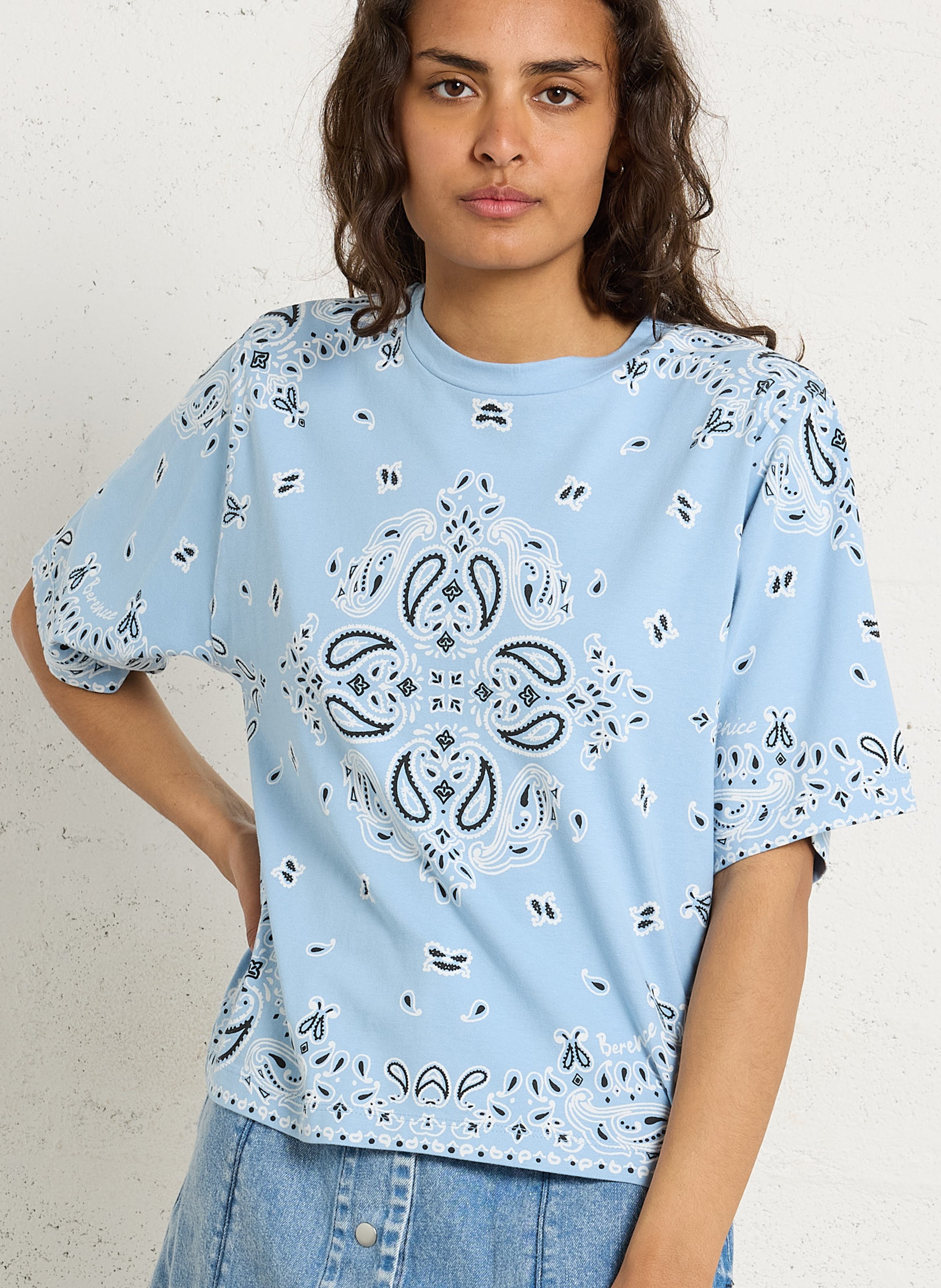 Tee-shirt droit col rond en coton imprimé BERENICE Bleu