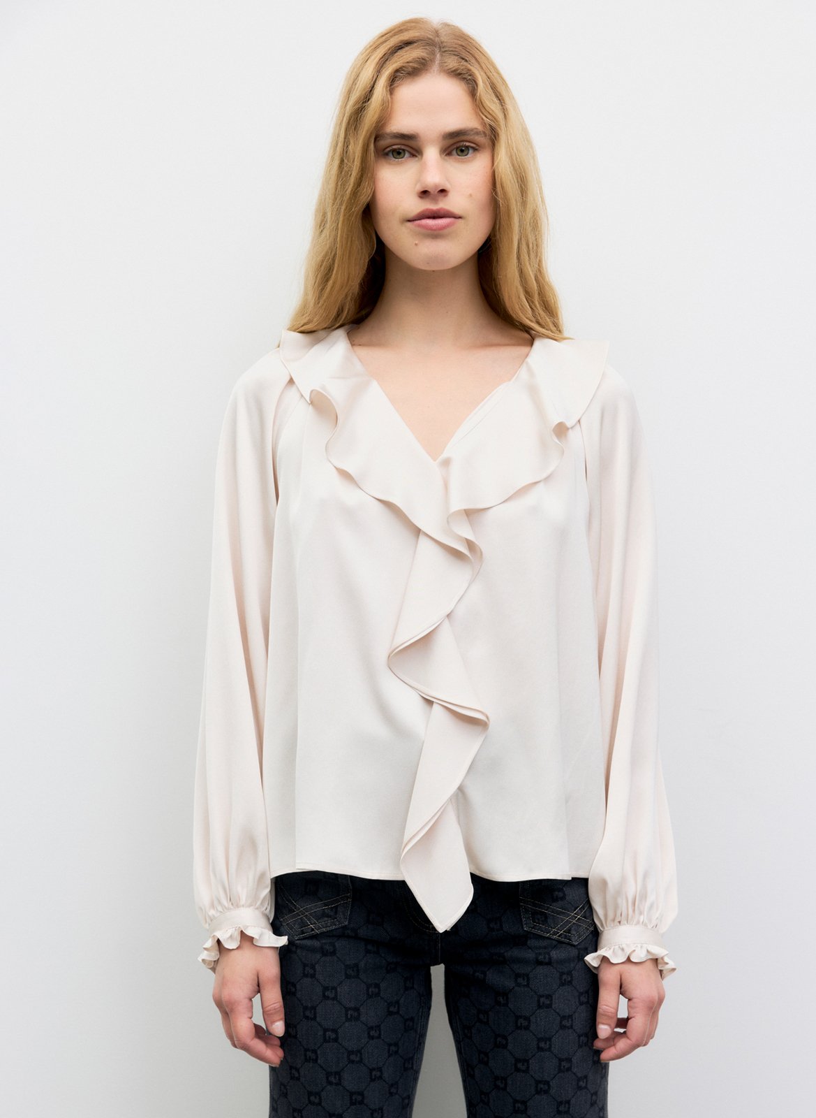 Chemisier ample col v à volants satiné GERARD DAREL Beige