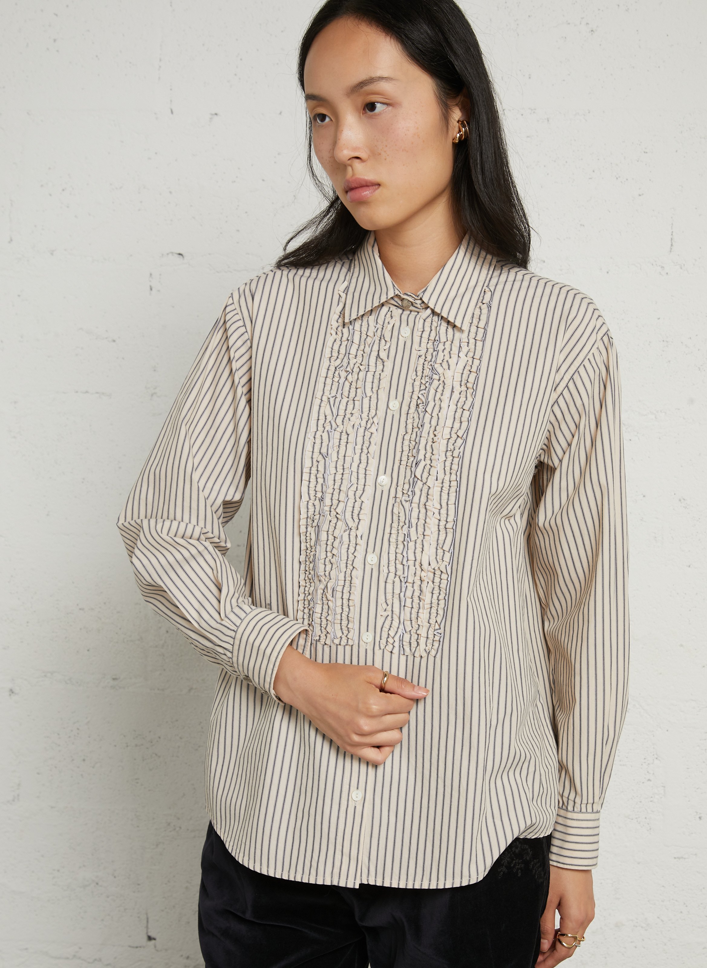 Gestreiftes Bio-Baumwollhemd mit Rüschen DIEGA Beige