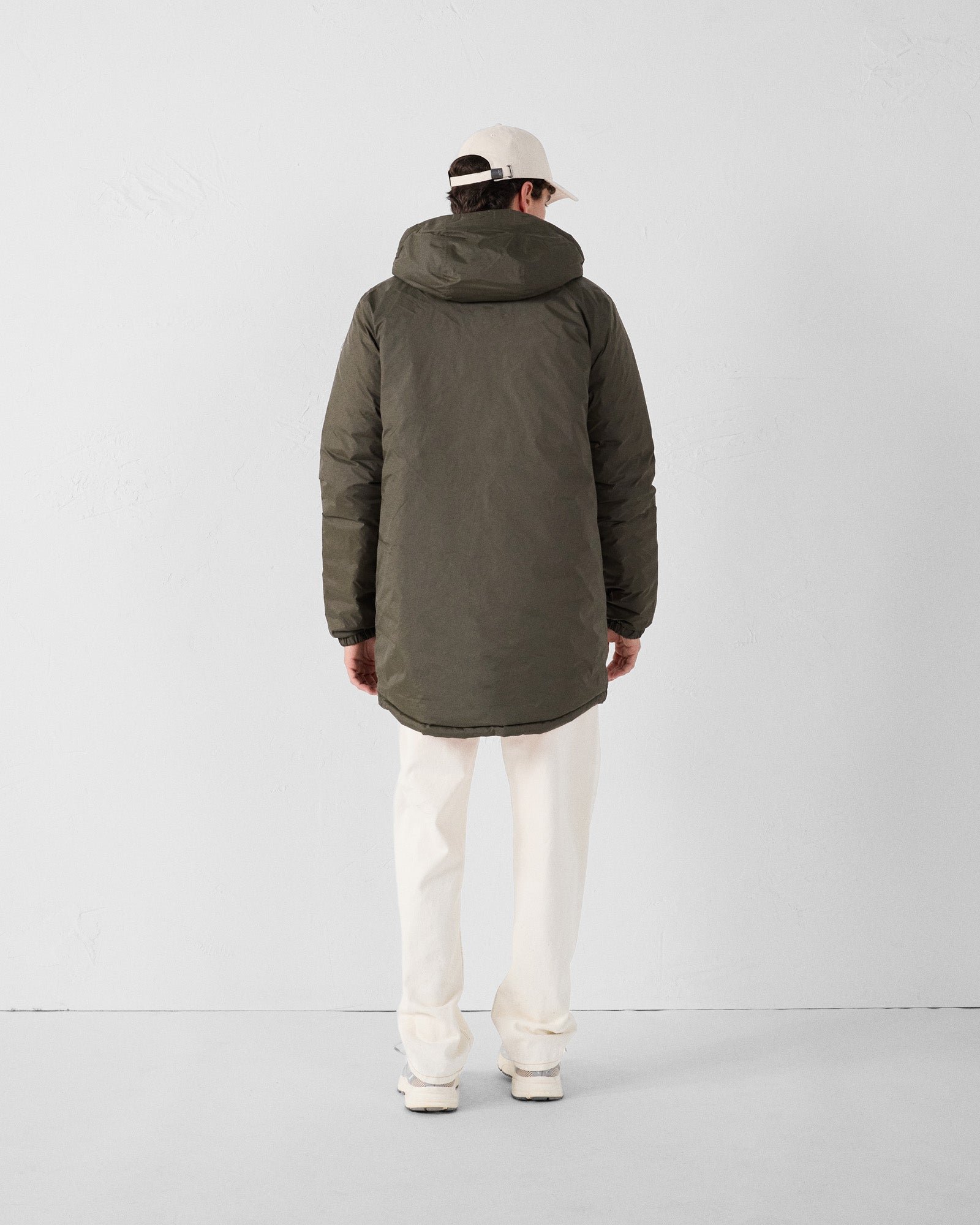 Reversible long jacket in army green/fire red. JOTT Green