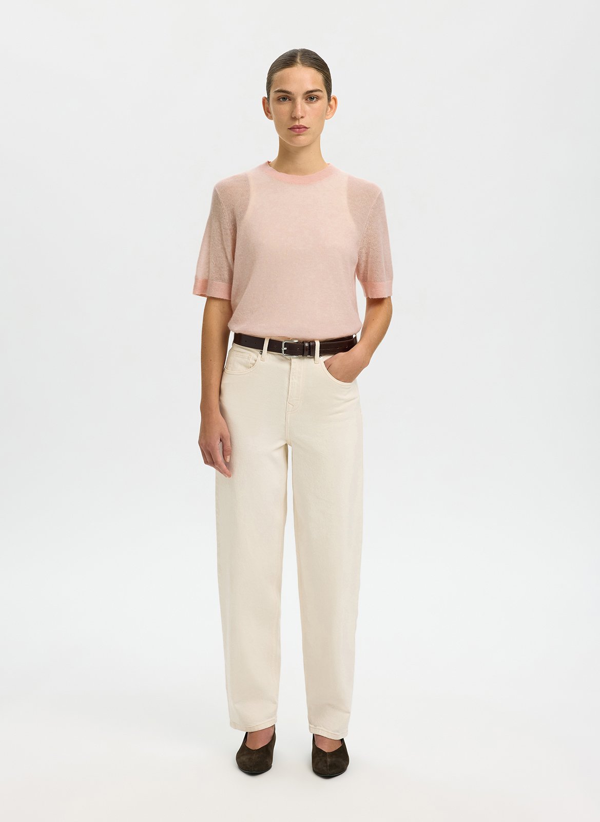 Straight high-neck knitted sweater SELECTED Pink