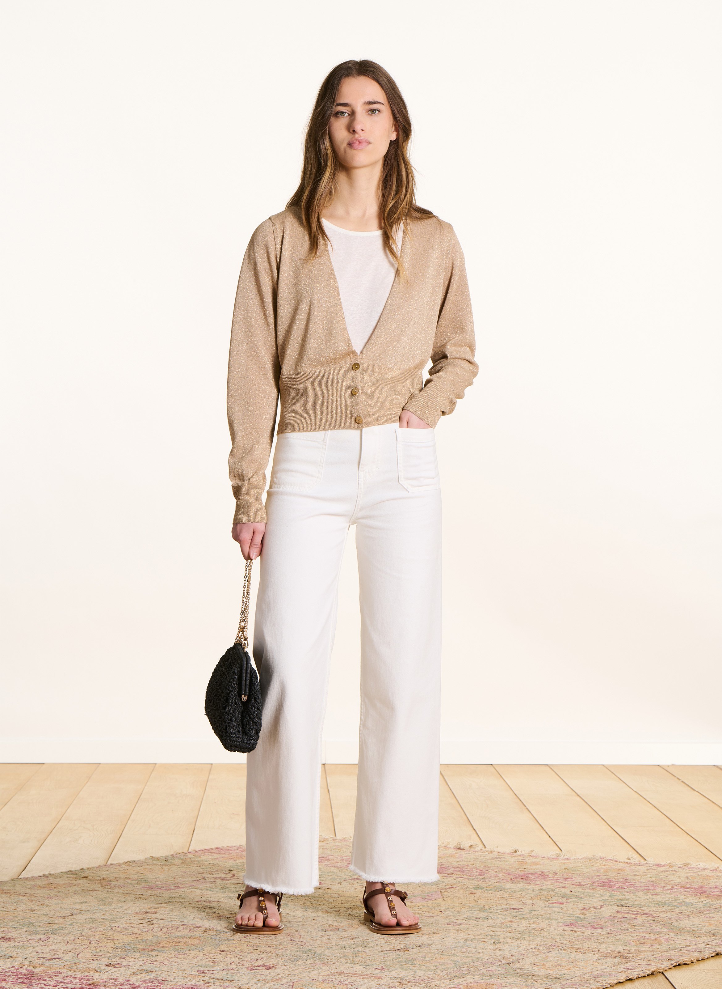 Gerader V-Ausschnitt-Strickweste aus metallischem Garn LA FEE MARABOUTEE Gelb