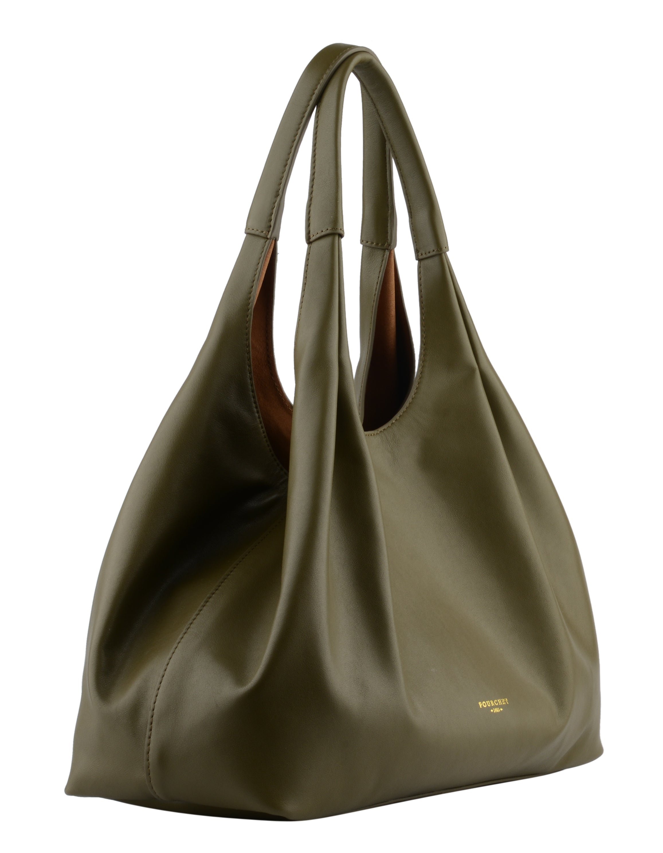 Calfskin leather shoulder bag POURCHET Khaki