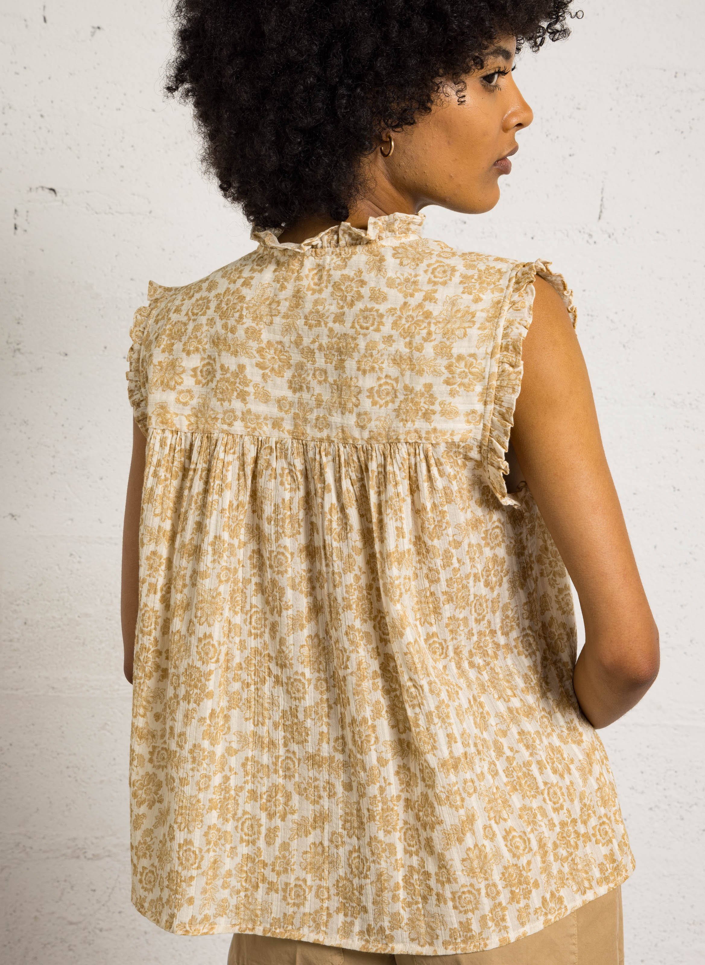 Top droit col rond en coton imprimé FEEKA Beige