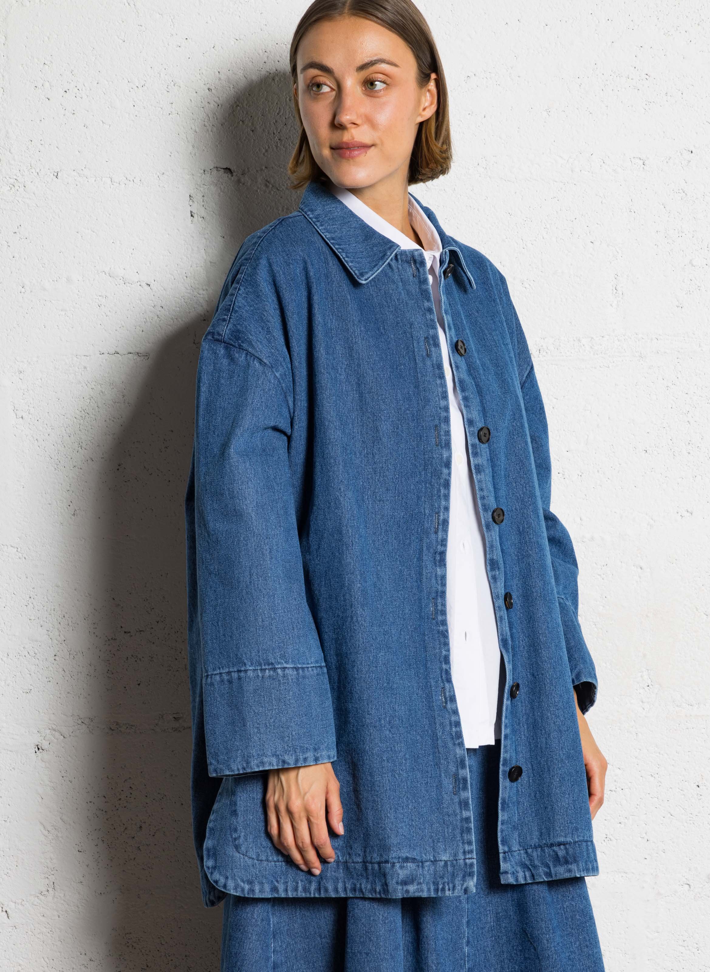 Klassieke jas met kraag van biologisch katoenen denim Blauw