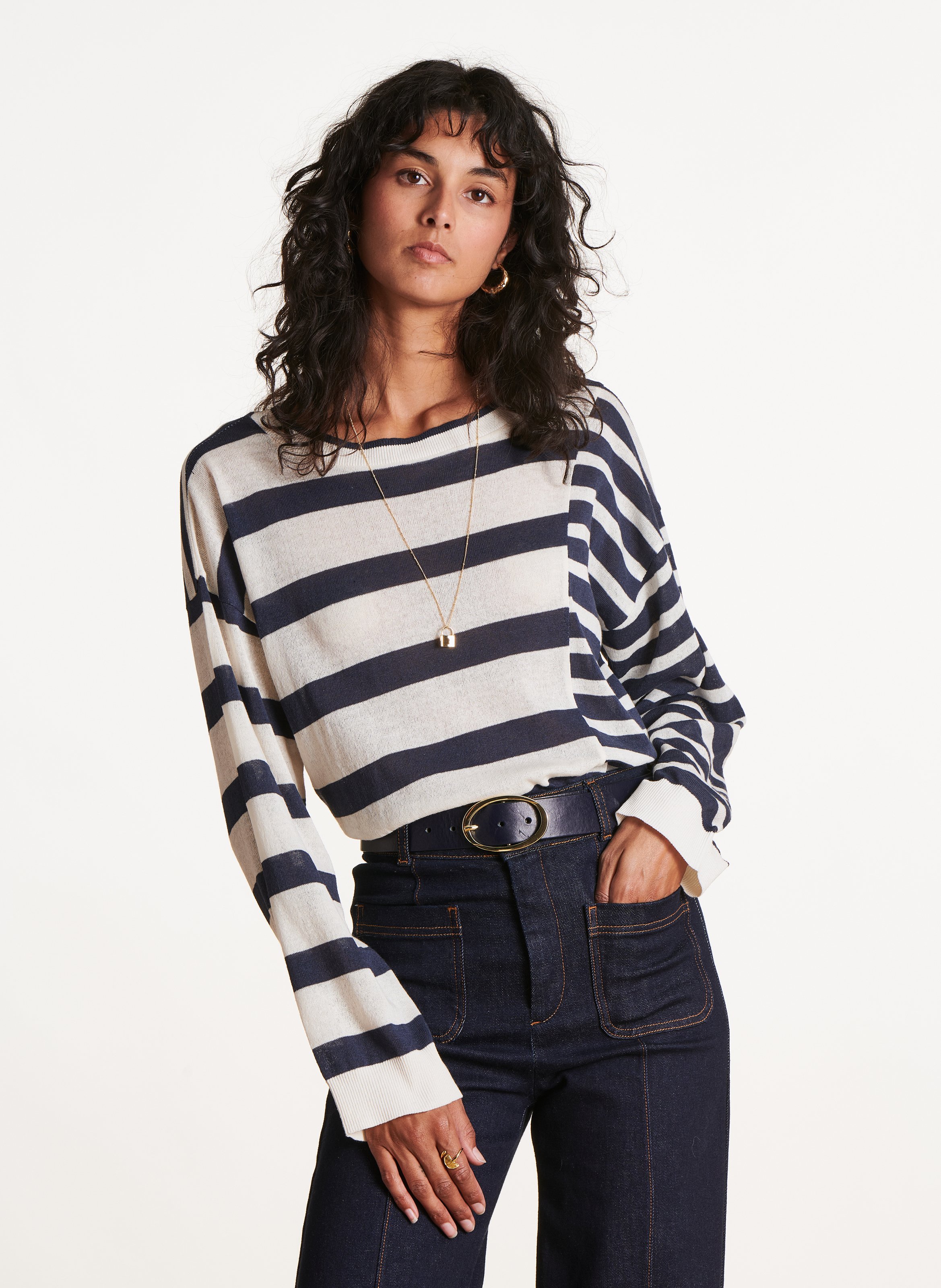 Round-neck striped cotton-blend sweater LA FEE MARABOUTEE Blue