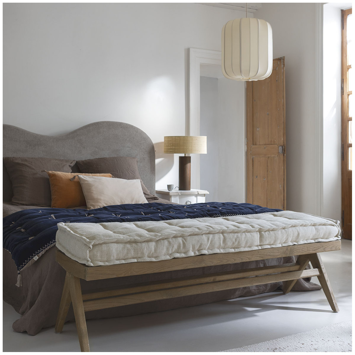 Futon mattéo en velours de coton et lin - 180 x 80 cm - bleu de minuit BLANC D'IVOIRE Bleu