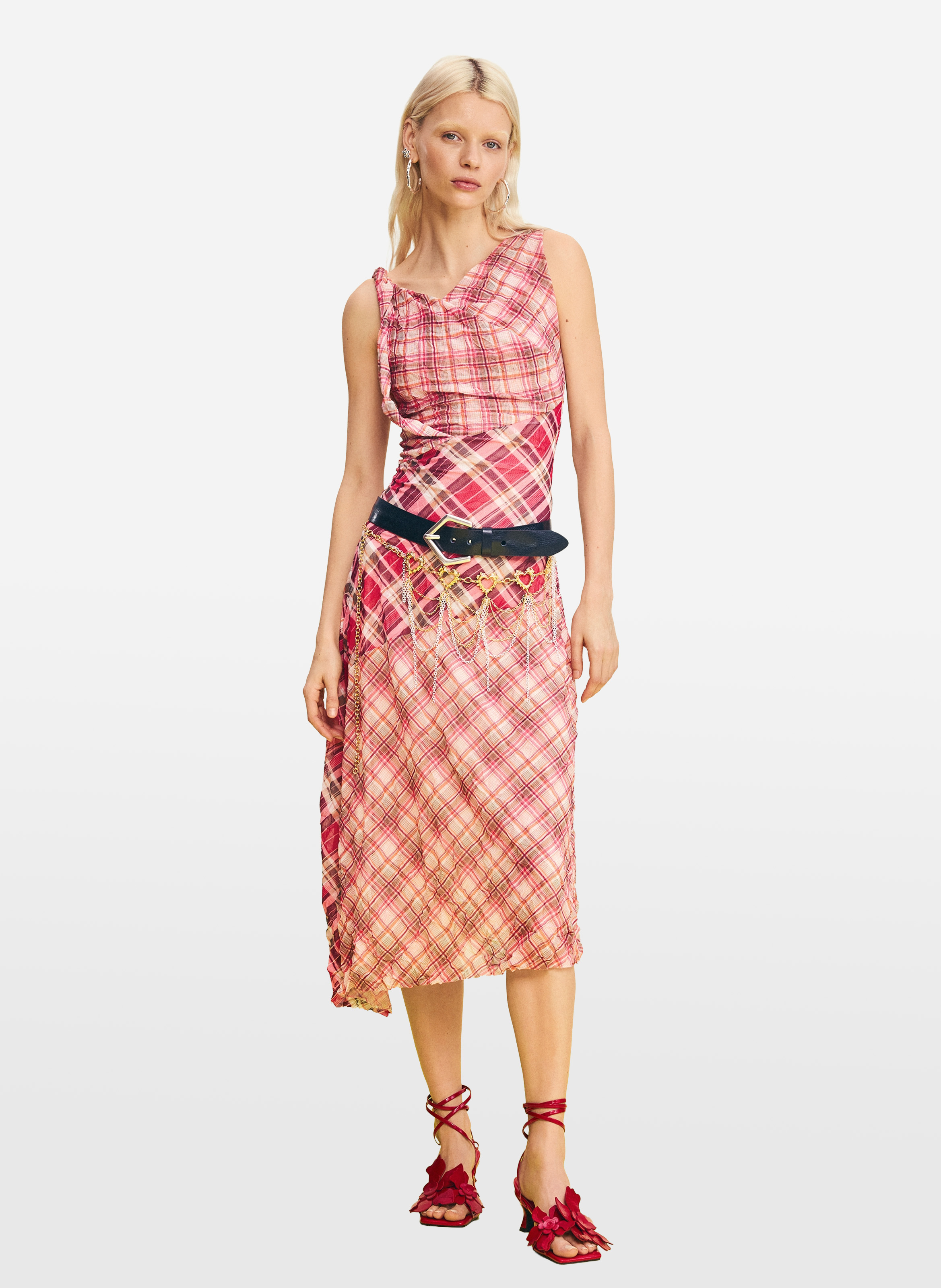 Midi jurk met ruitjes en V-hals DESIGUAL Rood