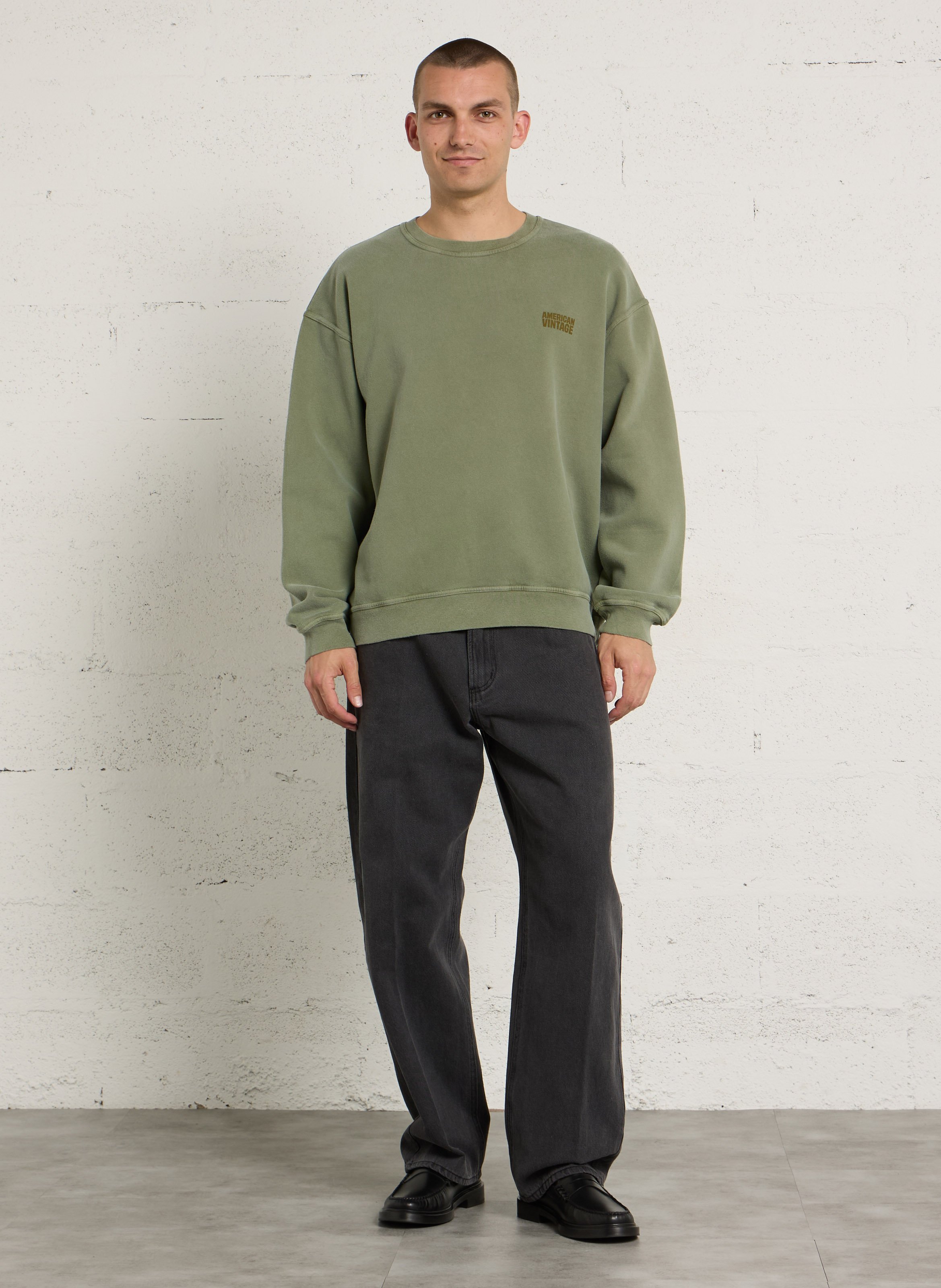 Sweat ample col rond sérigraphié en coton  AMERICAN VINTAGE Vert