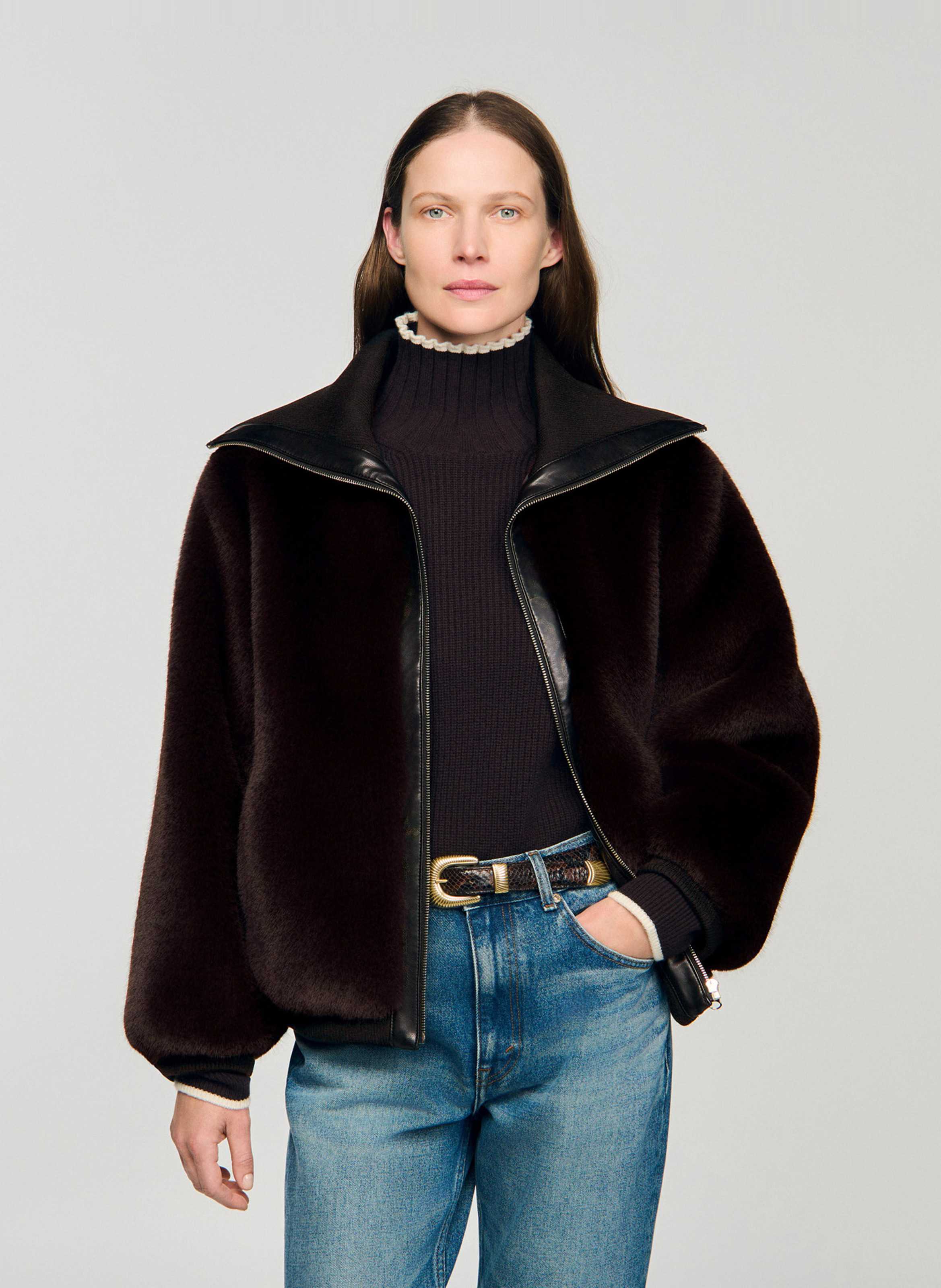 Oversized high collar jacket SANDRO Brown