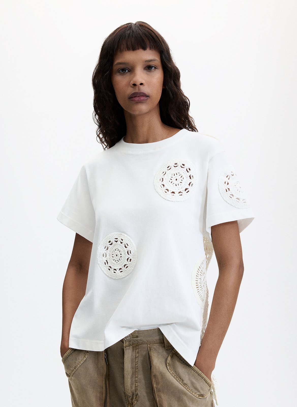 Straight fit round neck t-shirt in embroidered blended cotton DESIGUAL White