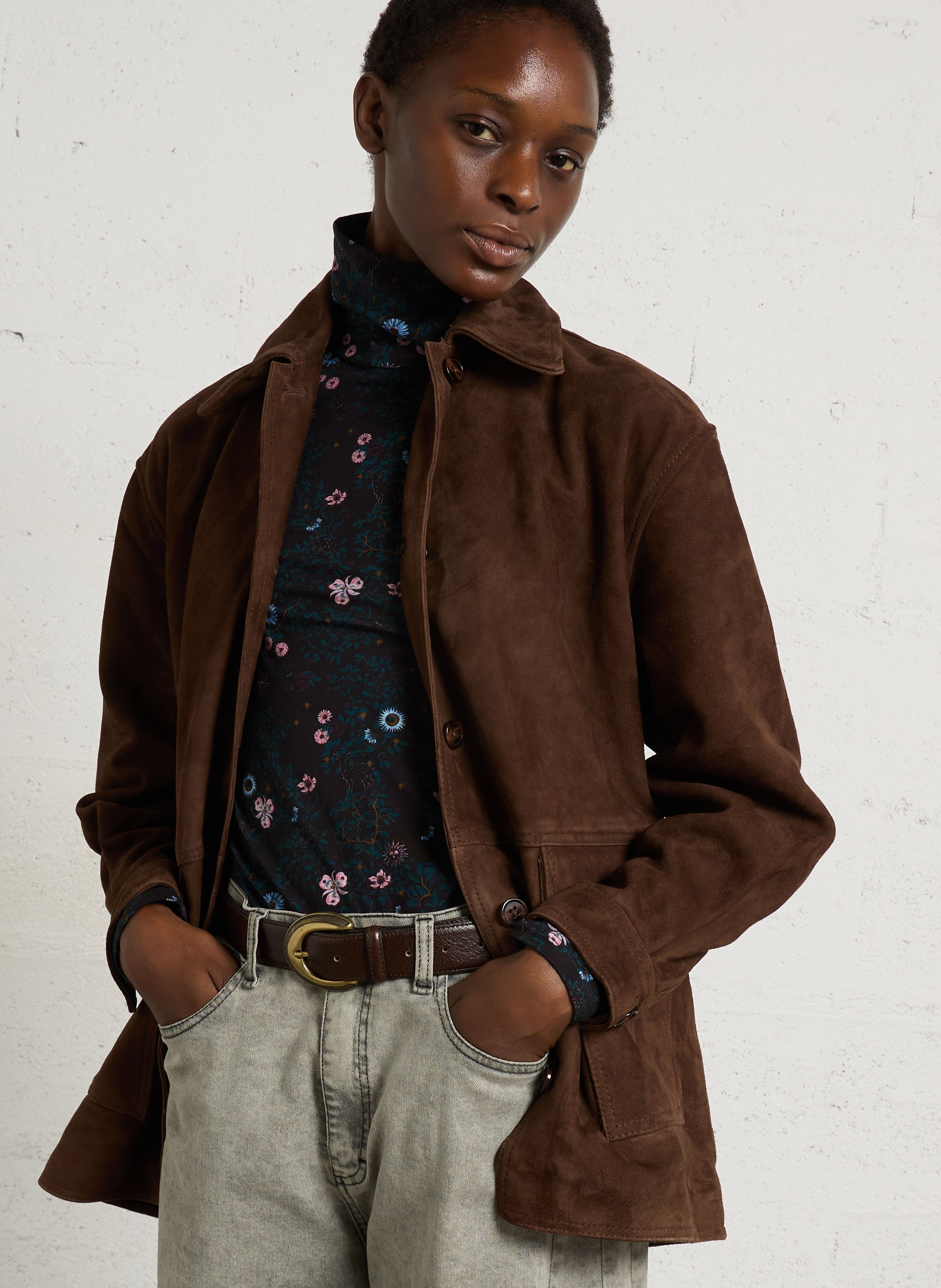 Leather jacket with classic collar DES PETITS HAUTS Brown