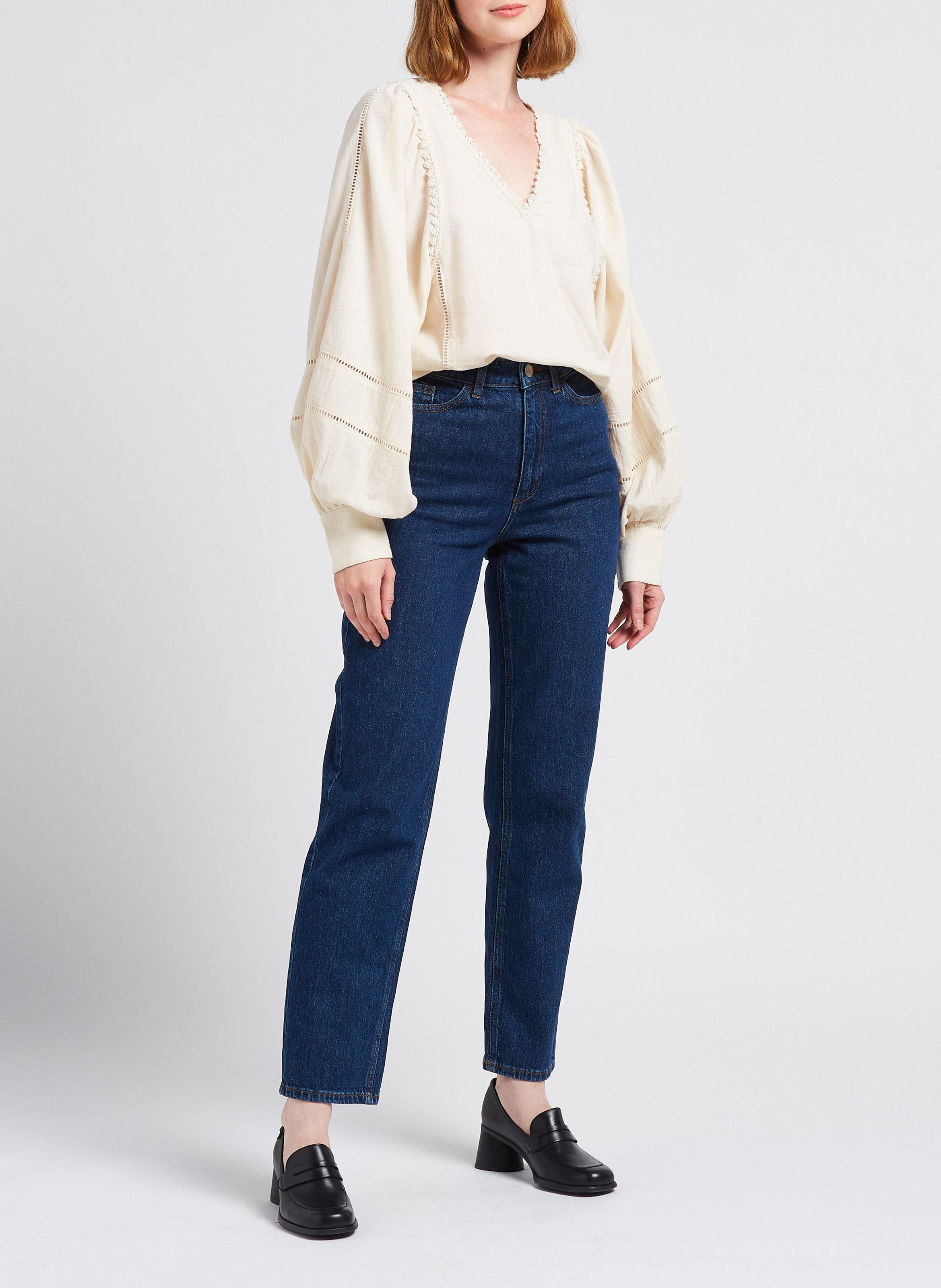 Jean droit à taille haute en coton délavé  VILA Bleu