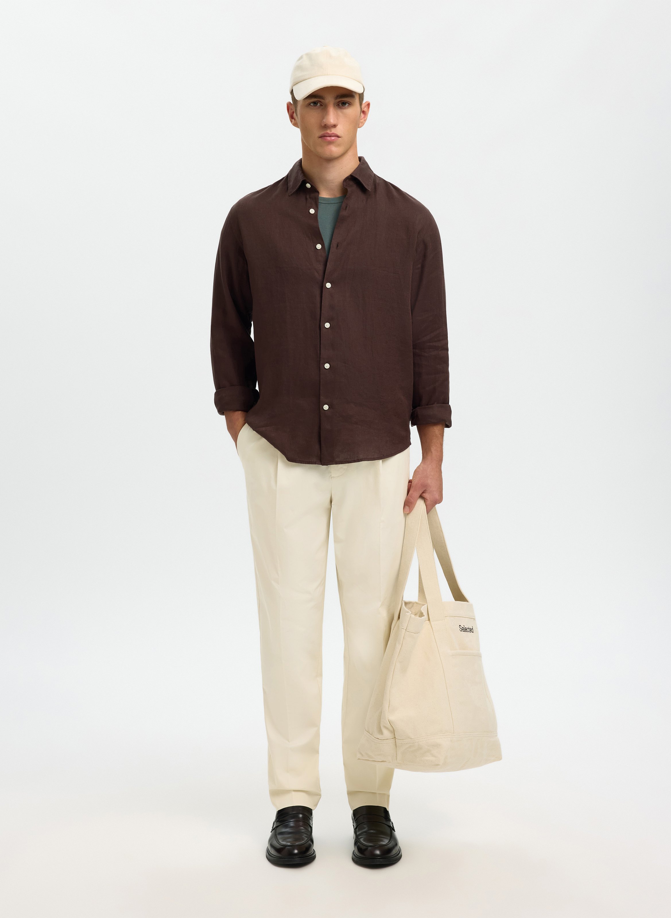 Straight-leg organic cotton-blend pants SELECTED Beige