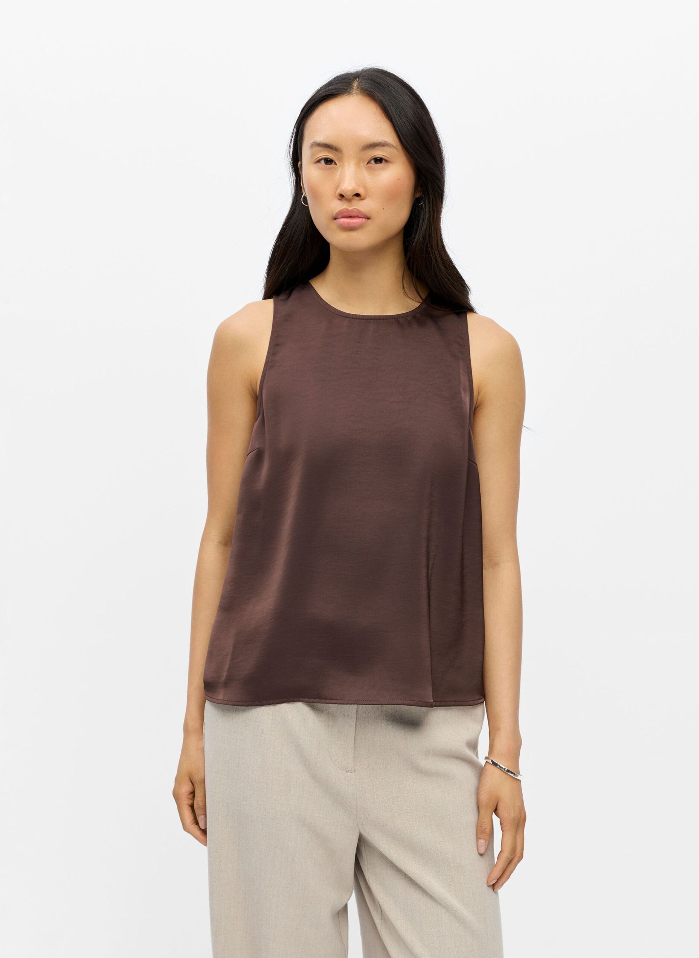 Mouwloze, rechte blouse van gemengde viscose OBJECT Bruin
