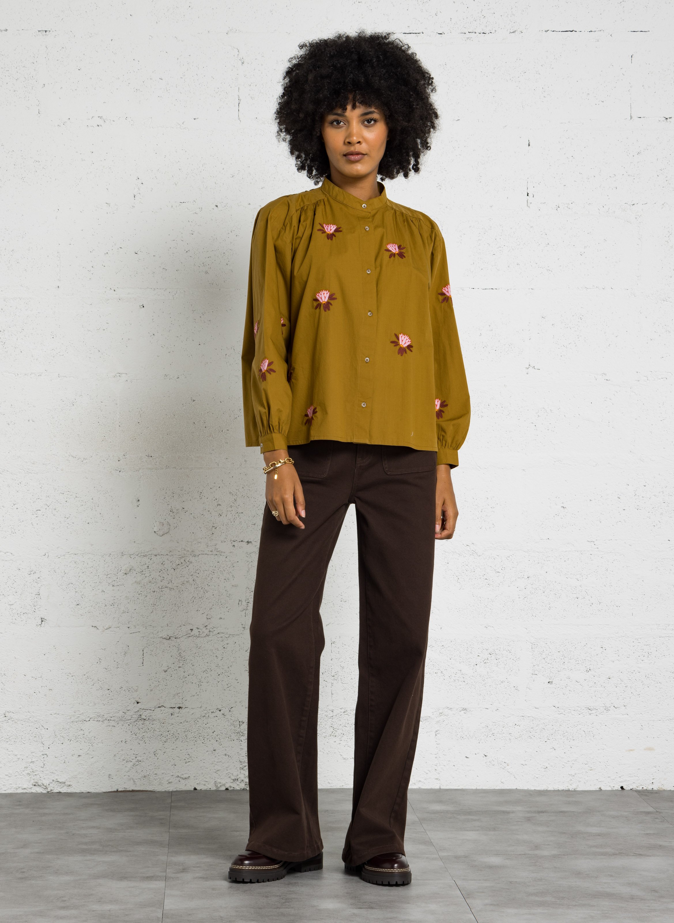 Straight printed organic cotton round-neck blouse SACRECOEUR Green