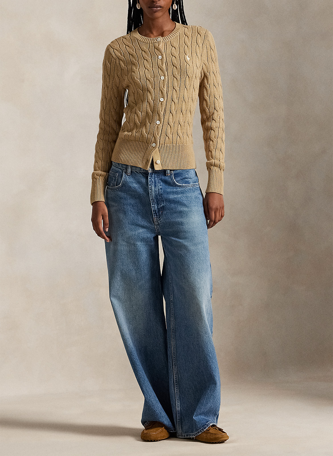 Cardigan droit col rond en coton POLO RALPH LAUREN Marron